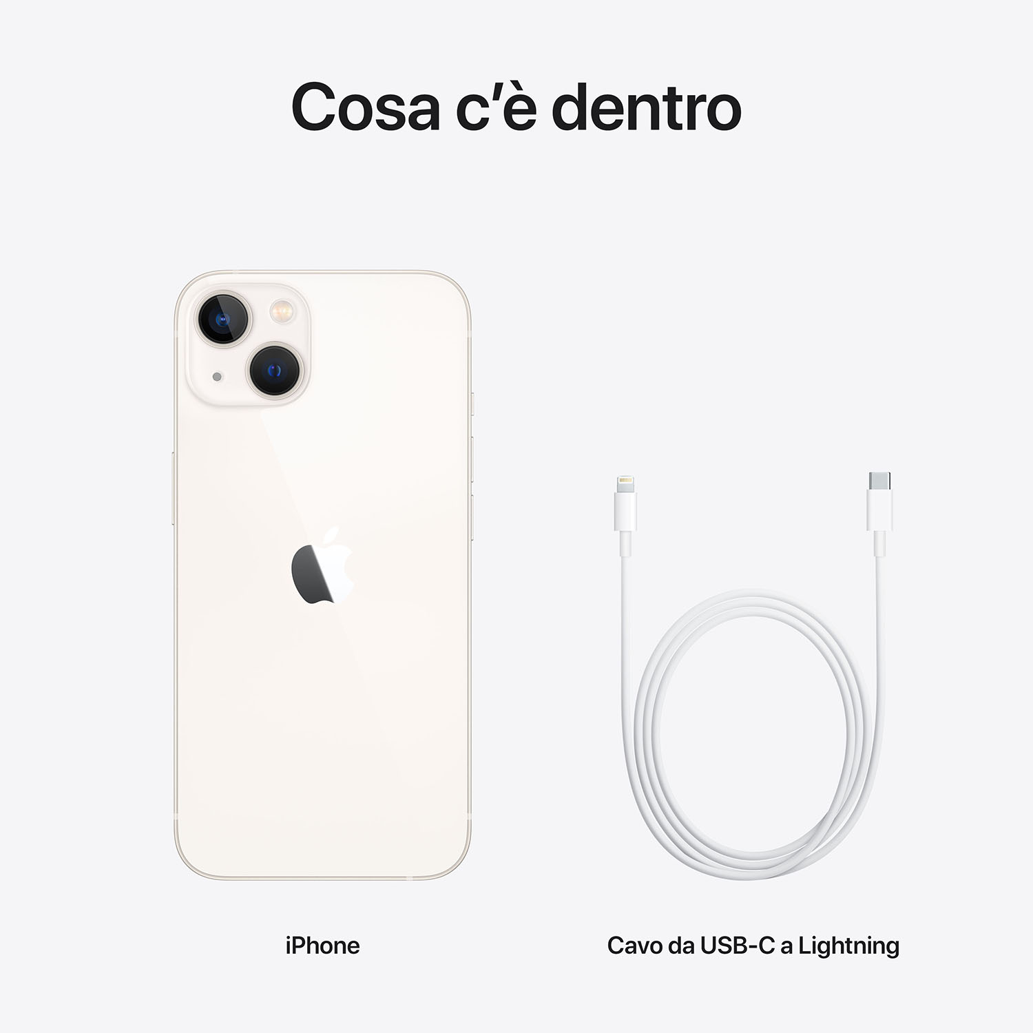 Un iPhone e un cavo da USB-C a Lightning bianco. L'iPhone è color crema. Scritta: 'Cosa c'è dentro'.