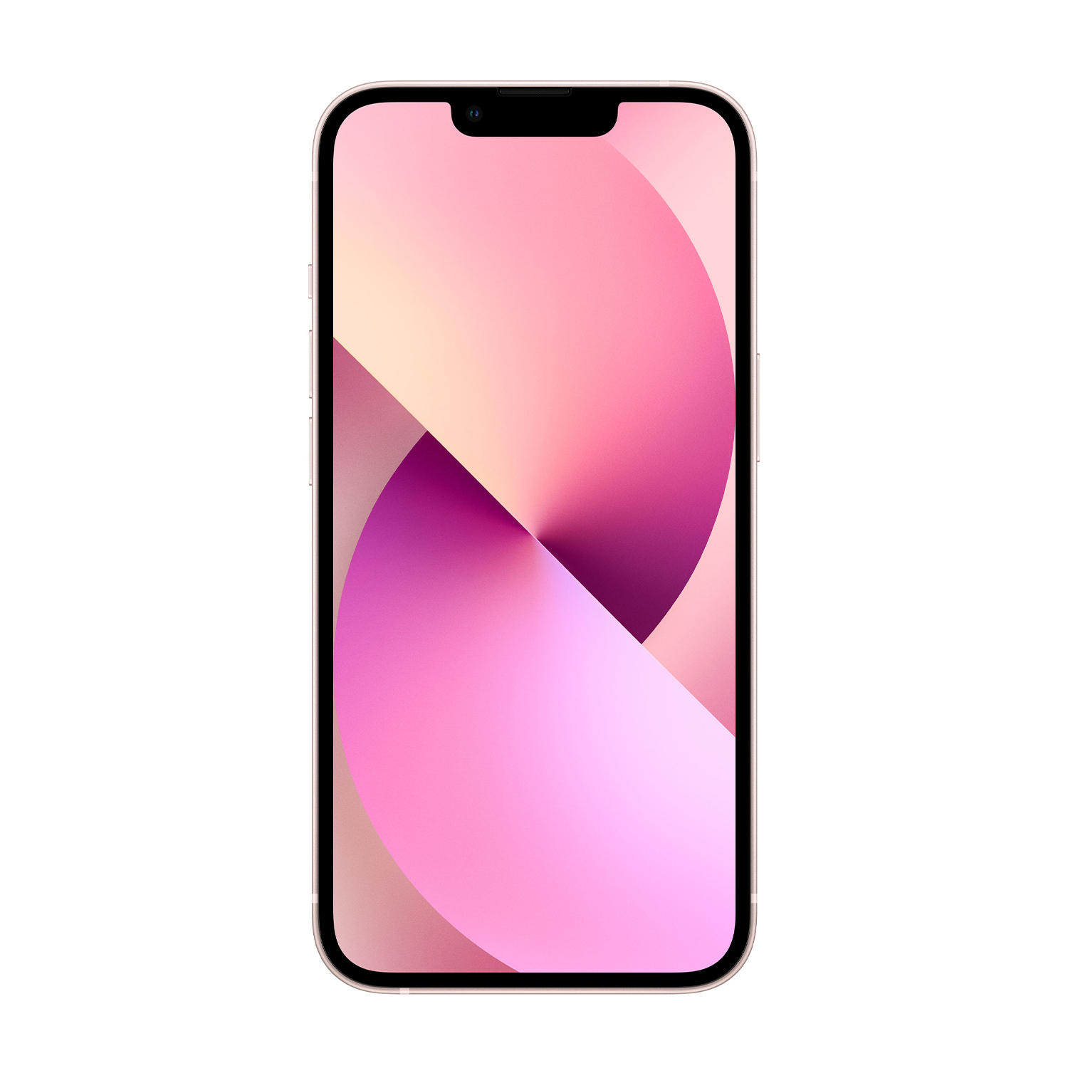 Un iPhone 13 rosa. Lo schermo mostra una sfumatura rosa e viola. Il telefono ha un bordo nero e una fotocamera in alto.