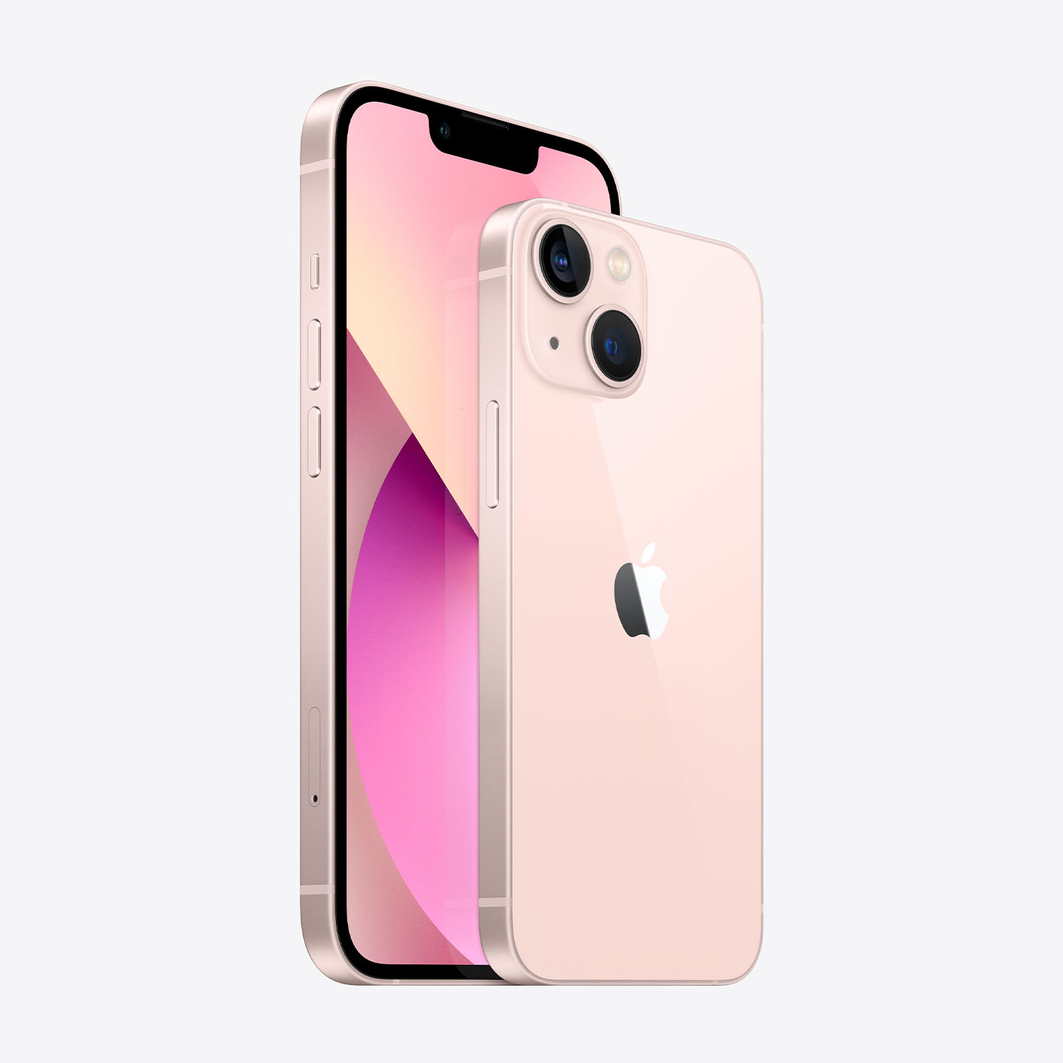 Due iPhone rosa affiancati. Uno mostra lo schermo con sfumatura rosa e viola, l'altro il retro con il logo Apple.