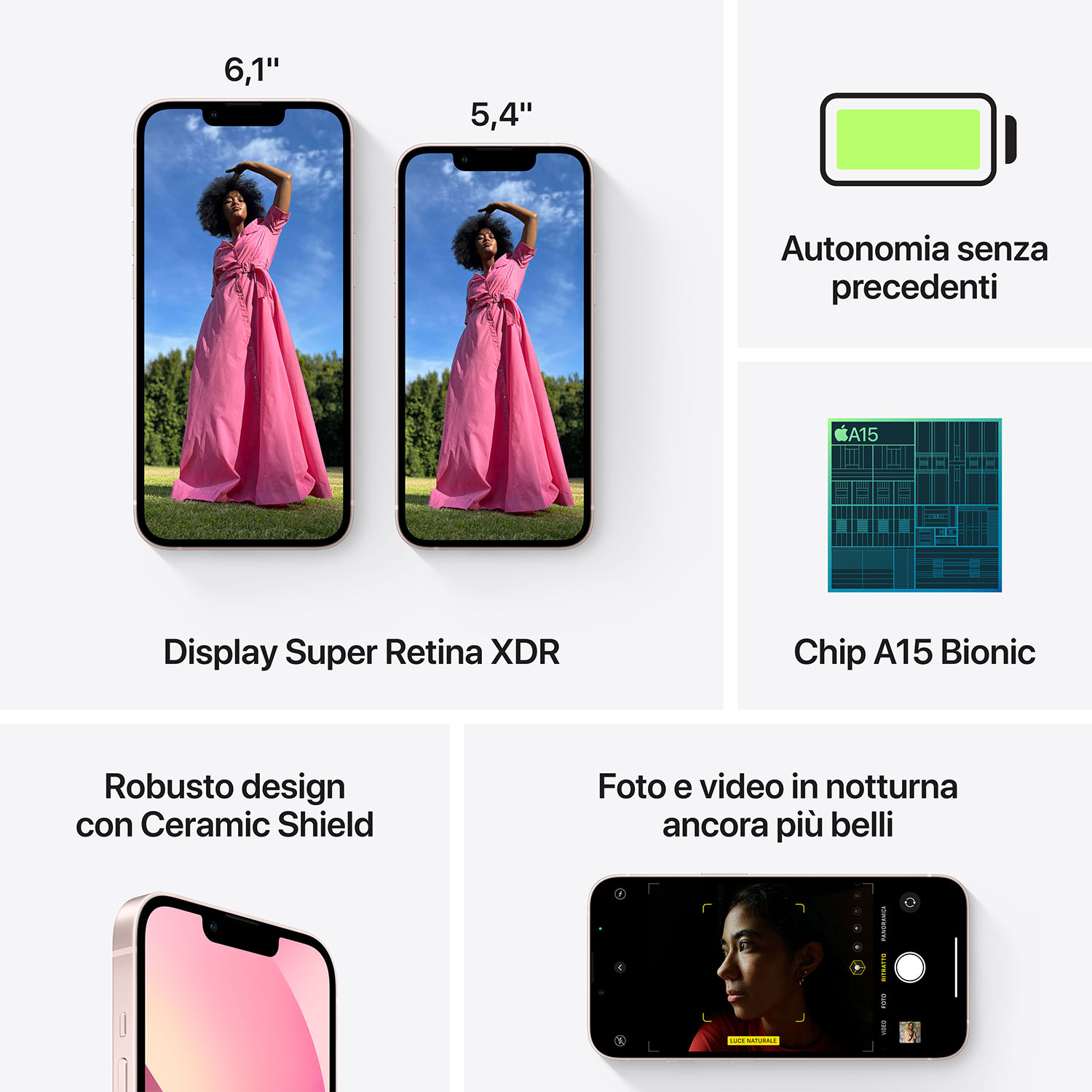 Due telefoni mostrano una donna in abito rosa. Altri elementi includono icona batteria, chip A15 e interfaccia fotocamera.