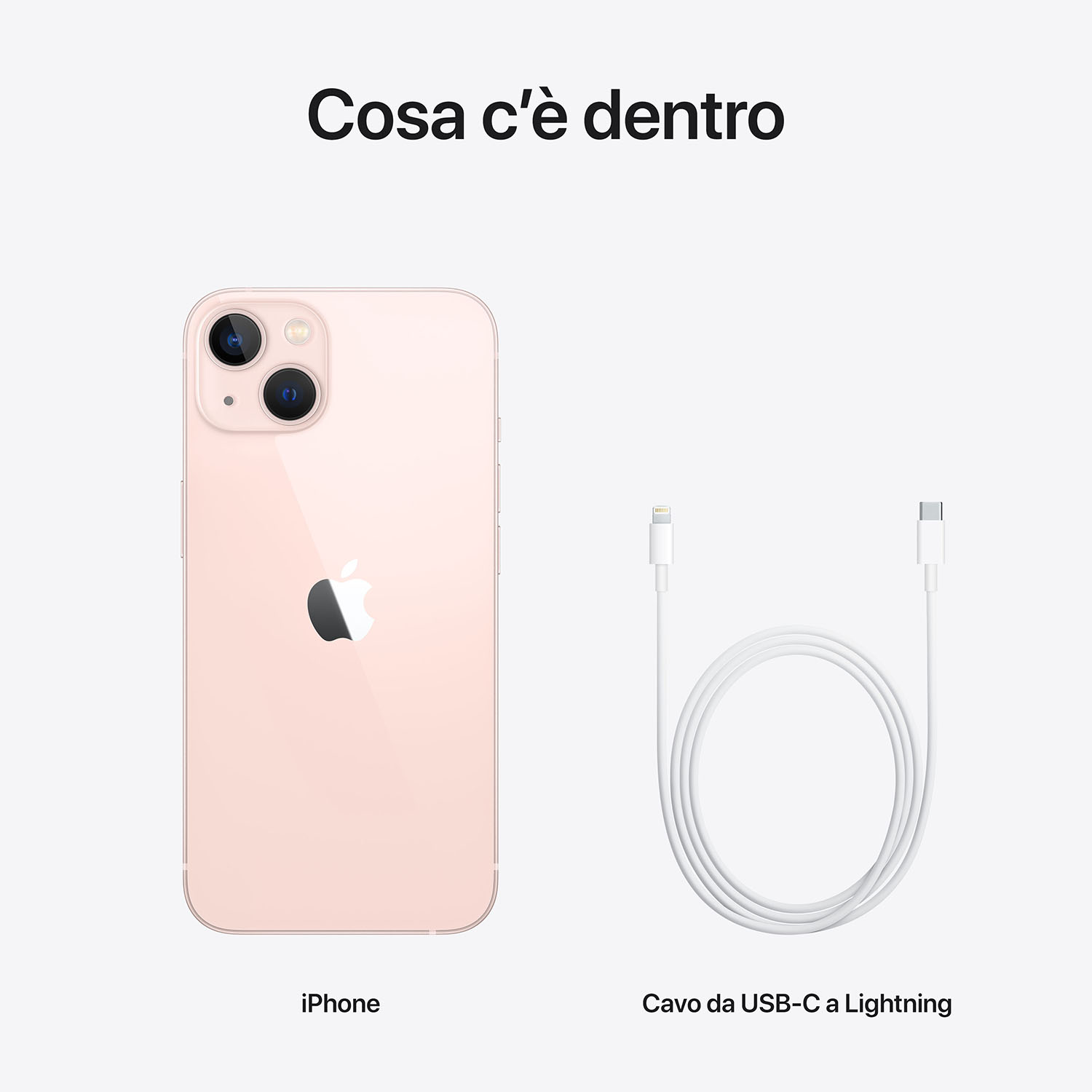 Un iPhone rosa e un cavo bianco da USB-C a Lightning su sfondo bianco. Testo: 'Cosa c'è dentro'.