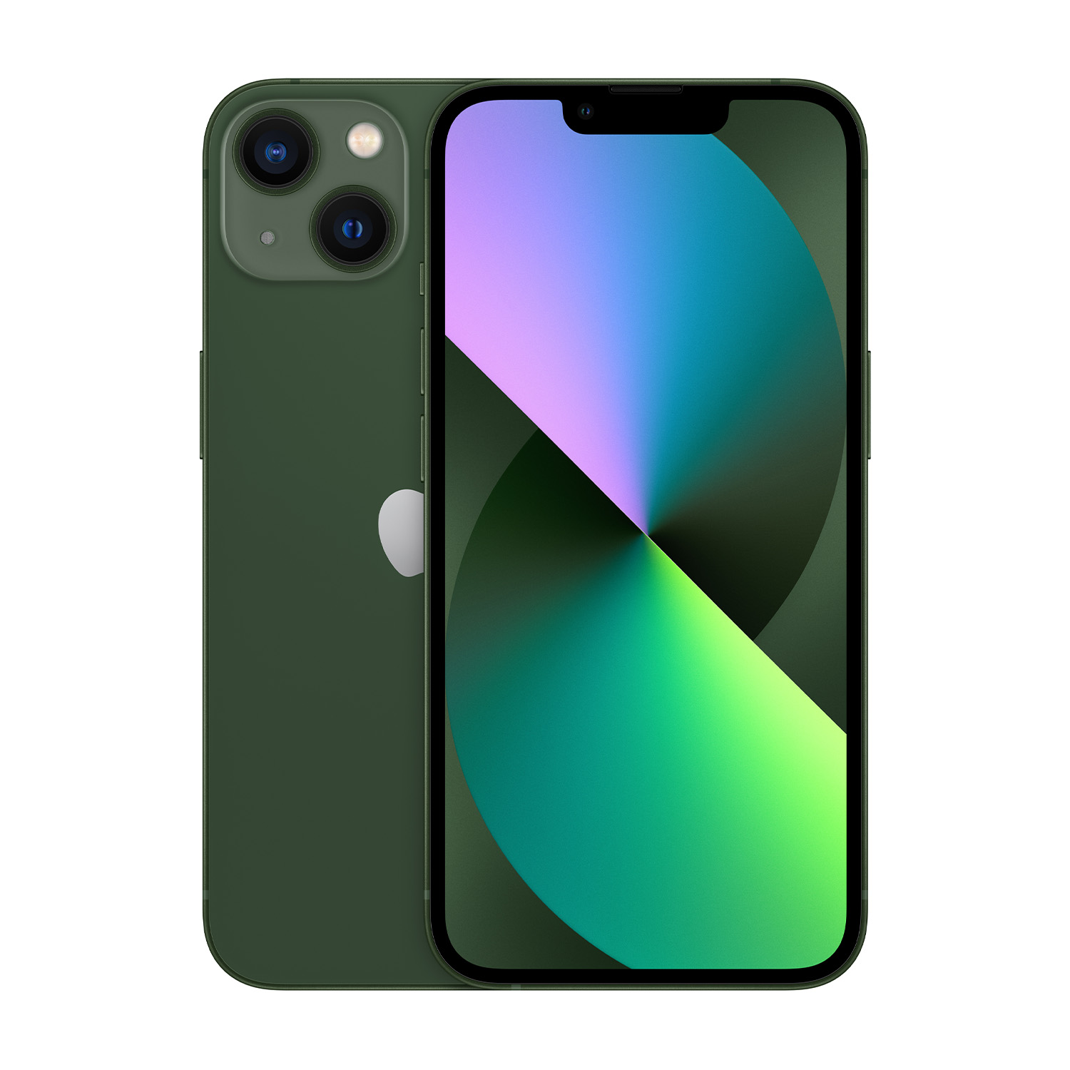 Uno smartphone verde con schermo che mostra sfumature di colore. Il retro mostra una fotocamera e il logo Apple. Sfondo bianco.