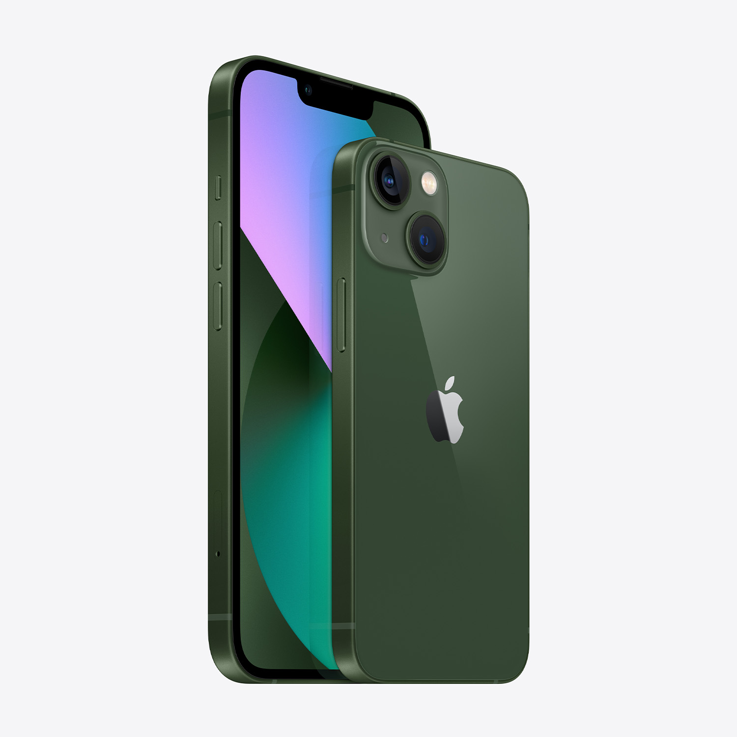 Due modelli di iPhone 13 verdi. Uno mostra uno schermo colorato. Il retro mostra il logo Apple e le fotocamere.