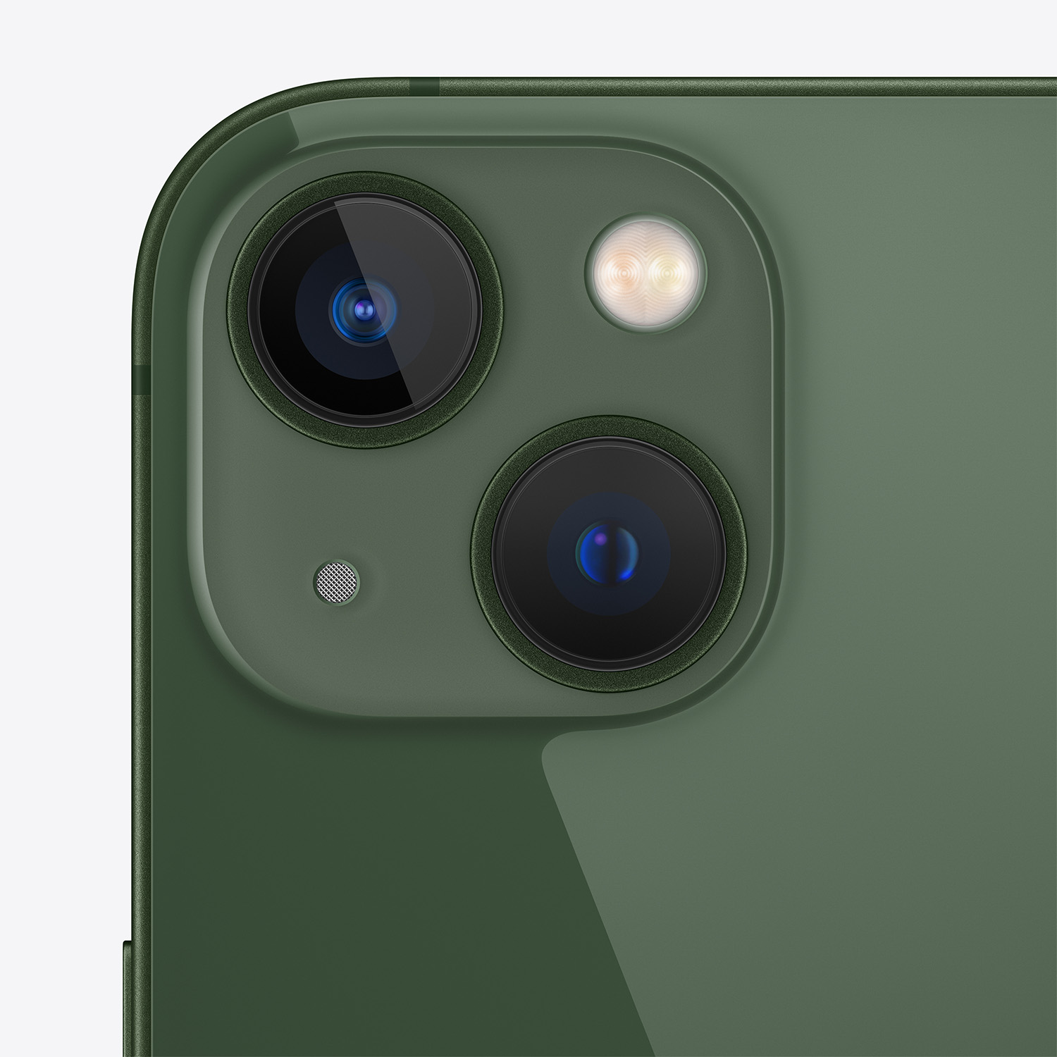 Primo piano di un array di fotocamere per smartphone verde. È dotato di tre obiettivi, un flash e un microfono. Lo sfondo è di colore verde pieno.