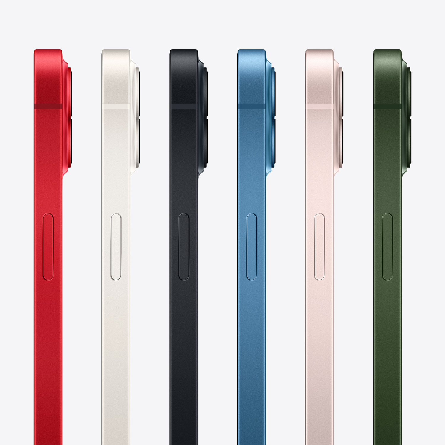 Sei iPhone visti di lato, che mostrano diversi colori: rosso, bianco, nero, blu, rosa e verde. Ogni telefono ha un rilievo della fotocamera.