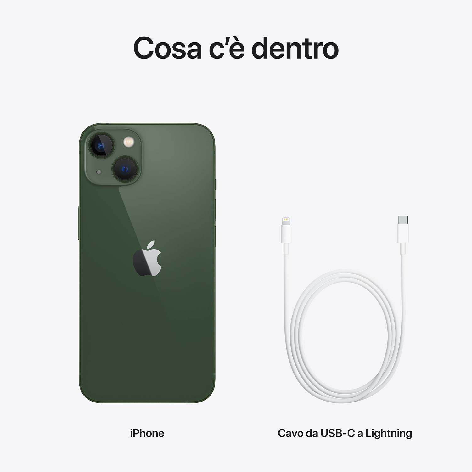 Un iPhone e un cavo da USB-C a Lightning sono mostrati su sfondo bianco. L'iPhone è verde e il cavo è bianco.