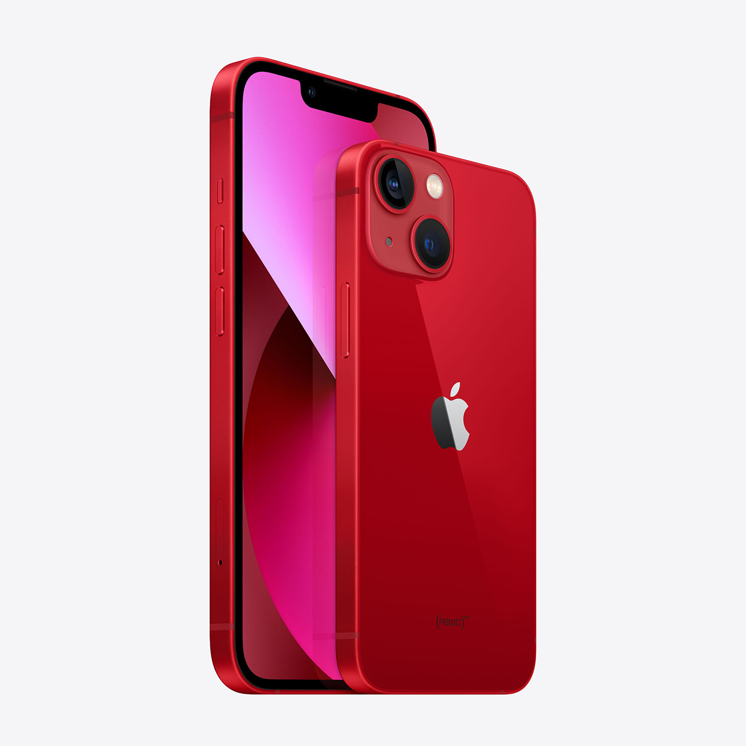 Due iPhone rossi. Uno mostra uno schermo rosa. L'altro mostra il logo Apple e (prodotto) scritto sul retro.