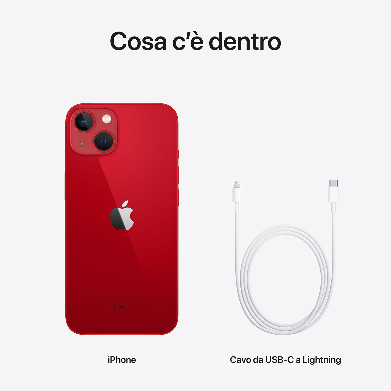 Un iPhone rosso e un cavo da USB-C a Lightning bianco su sfondo bianco. Il titolo 'Cosa c'è dentro' è sopra gli elementi.