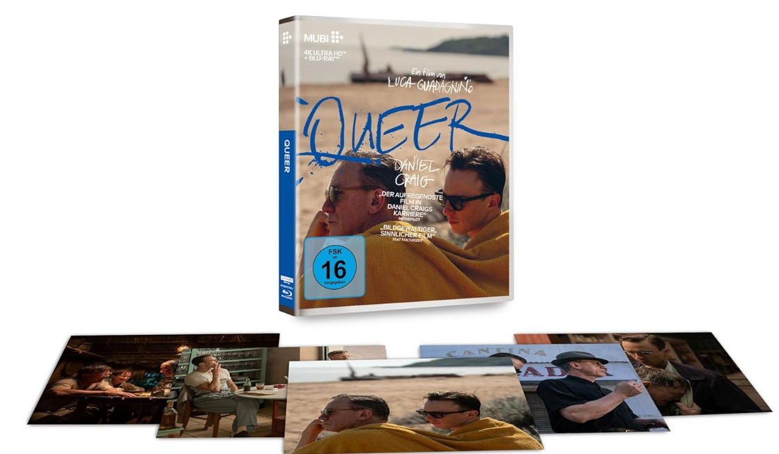 Filmcover 'Queer' mit Daniel Craig. Blu-ray-Hülle mit Filmstills darunter. Beinhaltet Strandszene, Schauspieler und Restaurantbilder.