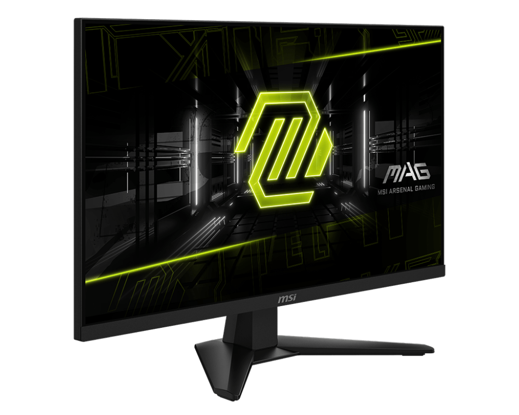 Siyah MSI monitör. Ekran neon yeşili bir logo ve çizgiler gösteriyor. Monitör siyah bir stand üzerinde. Metin: 'MAG MSI ARSENAL GAMING'.
