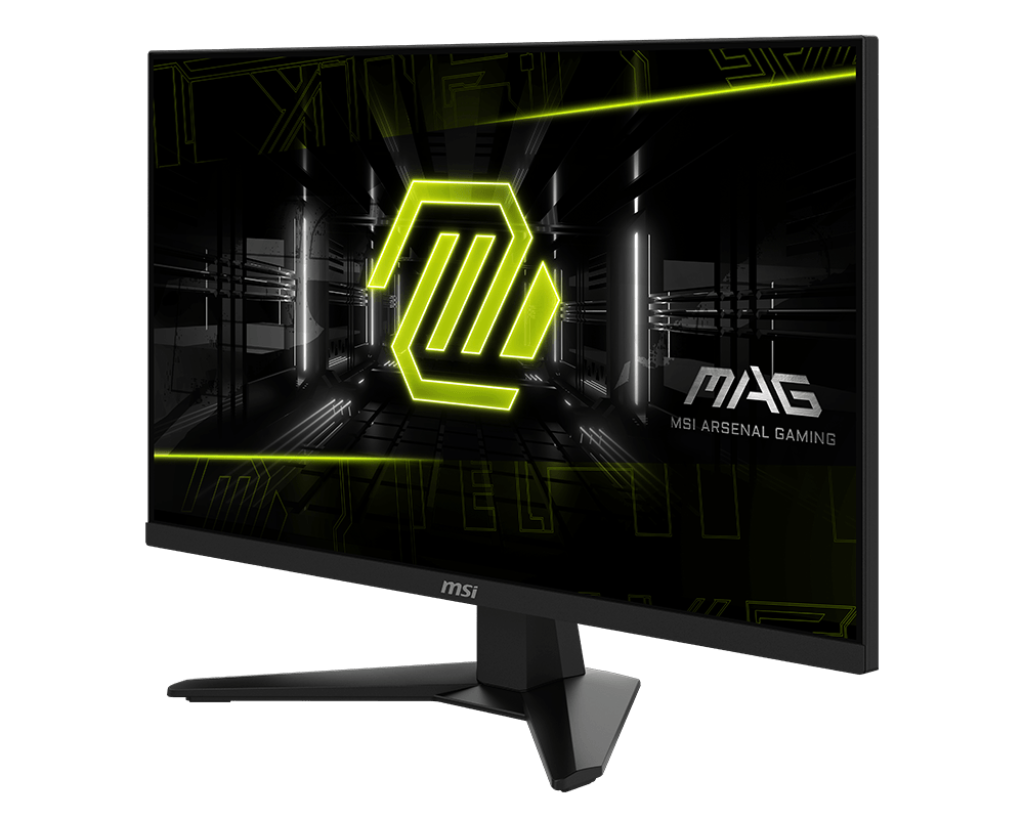 MSI MAG oyun monitörü. Siyah çerçeve, ekranda neon yeşili logo ve vurgular, siyah stand. MSI Arsenal Gaming metni görünür.