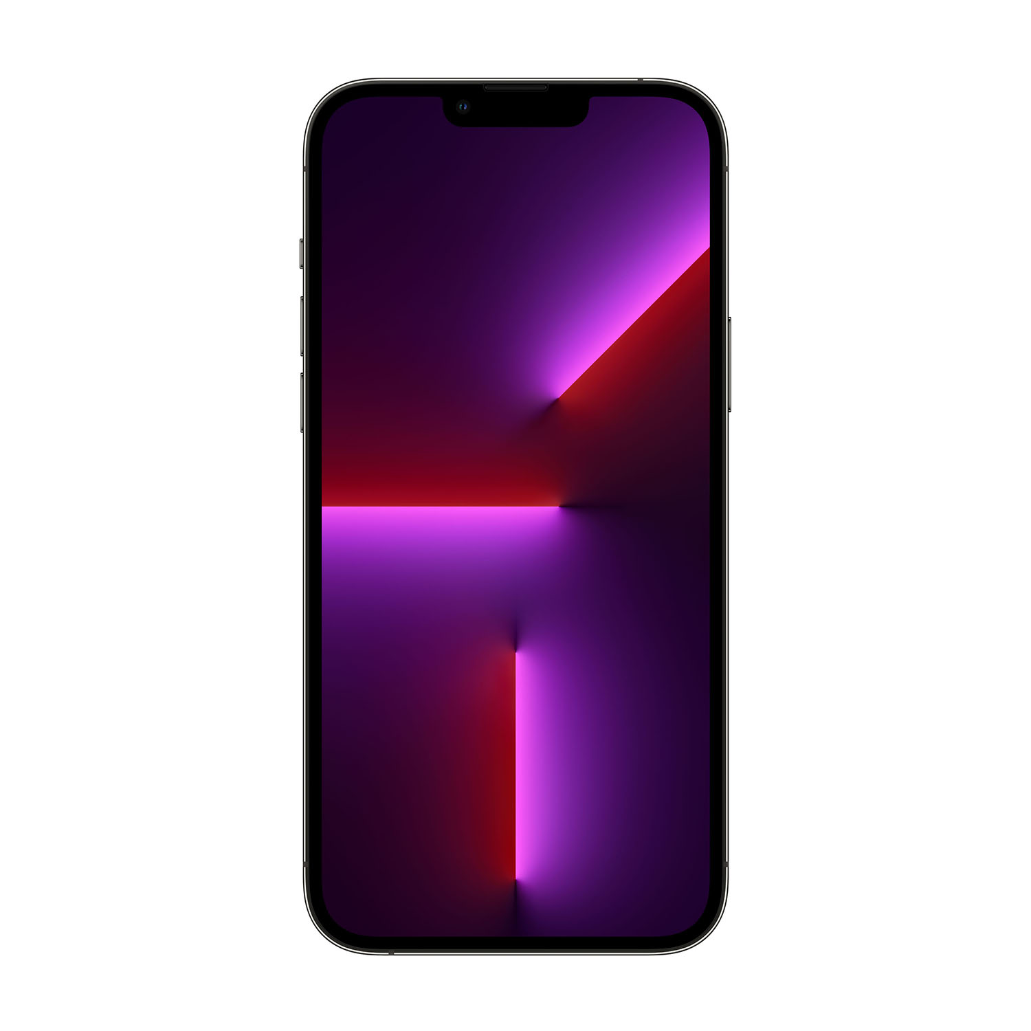 Uno smartphone moderno con cornice nera e display con gradiente viola e rosso vibrante, su sfondo bianco.
