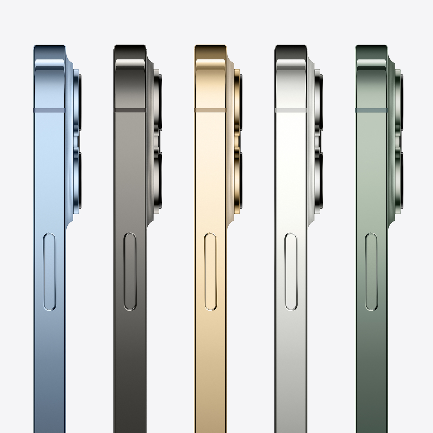 Cinque smartphone di diversi colori: blu, grigio, oro, argento e verde. Vista laterale, mostrando la fotocamera e i pulsanti.