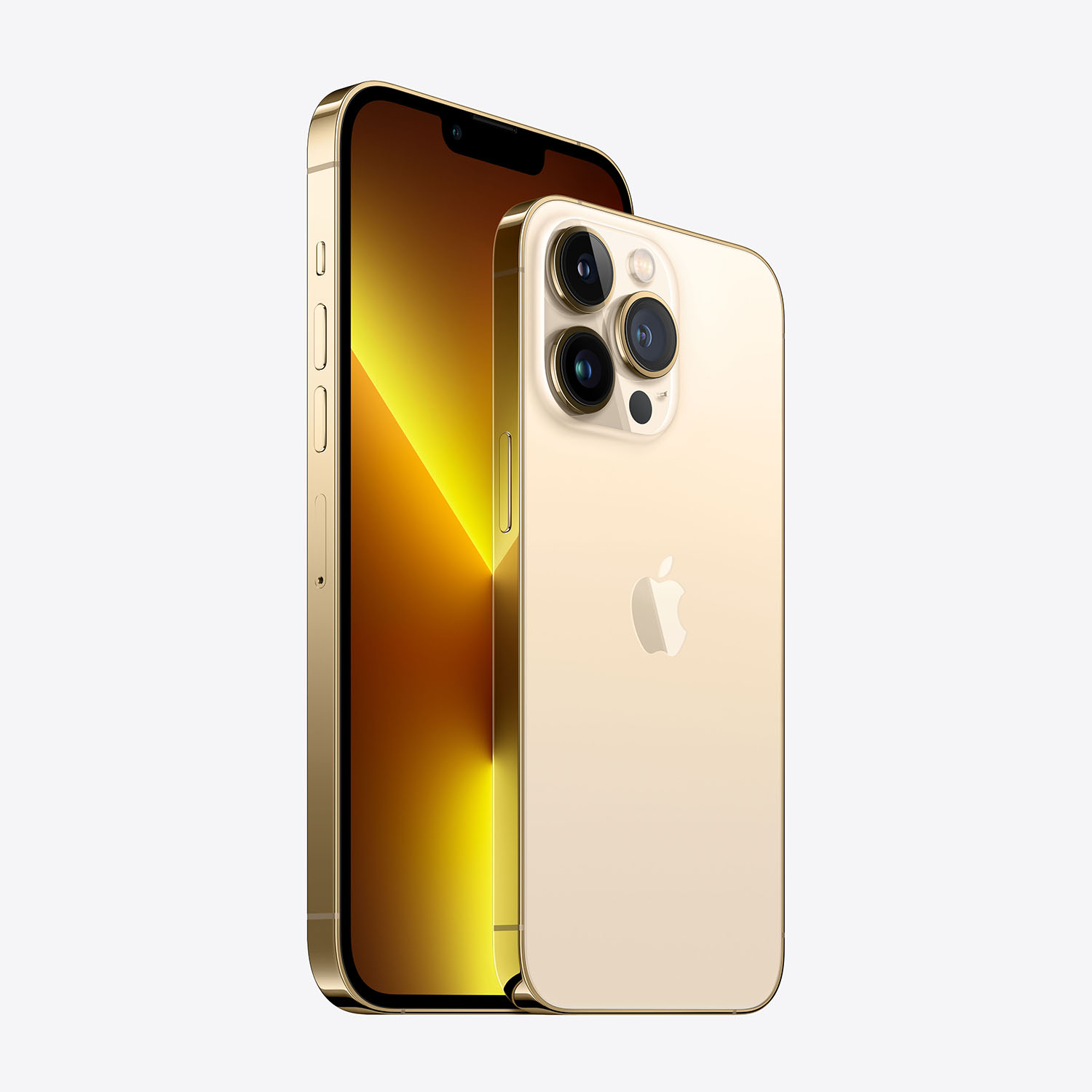 Due iPhone dorati. Uno mostra uno schermo con sfumatura dorata. L'altro ha una fotocamera e il logo Apple.