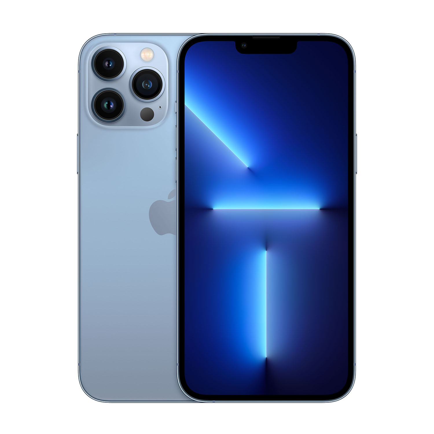 Un iPhone 13 Pro azzurro chiaro, che mostra la parte anteriore e posteriore. Lo schermo mostra una sfumatura blu. Il retro ha tre fotocamere.