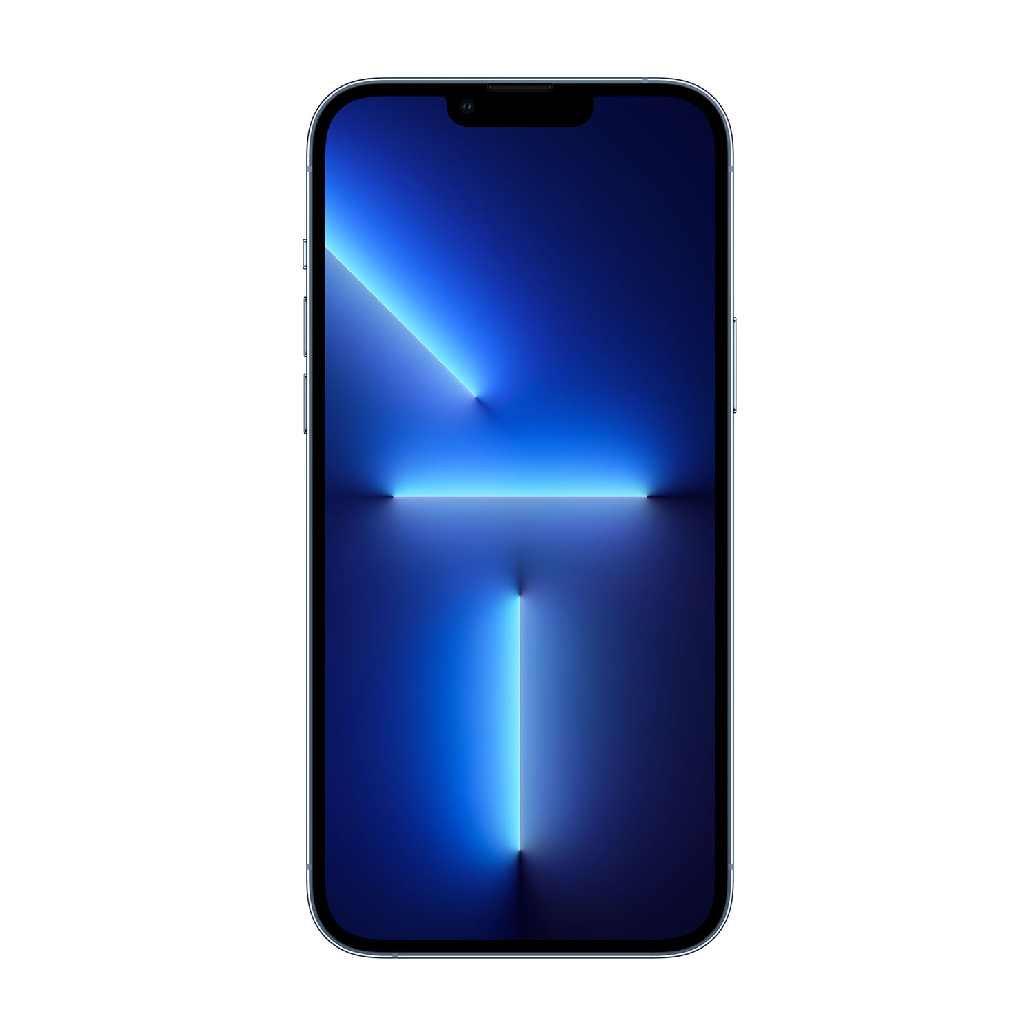 Uno schermo di smartphone mostra una sfumatura blu con raggi di luce. Il telefono ha bordi neri, su sfondo bianco.