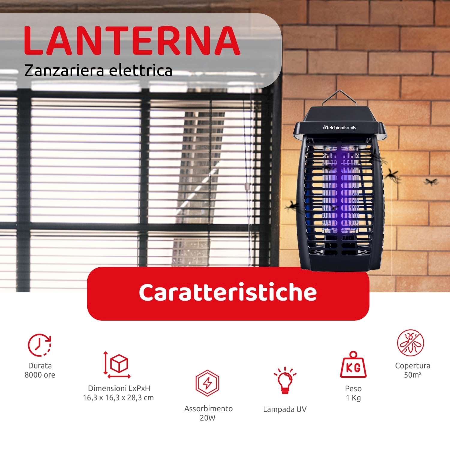 Zanzariera elettrica nera con lampada UV, informazioni sul prodotto e sfondo in muratura.