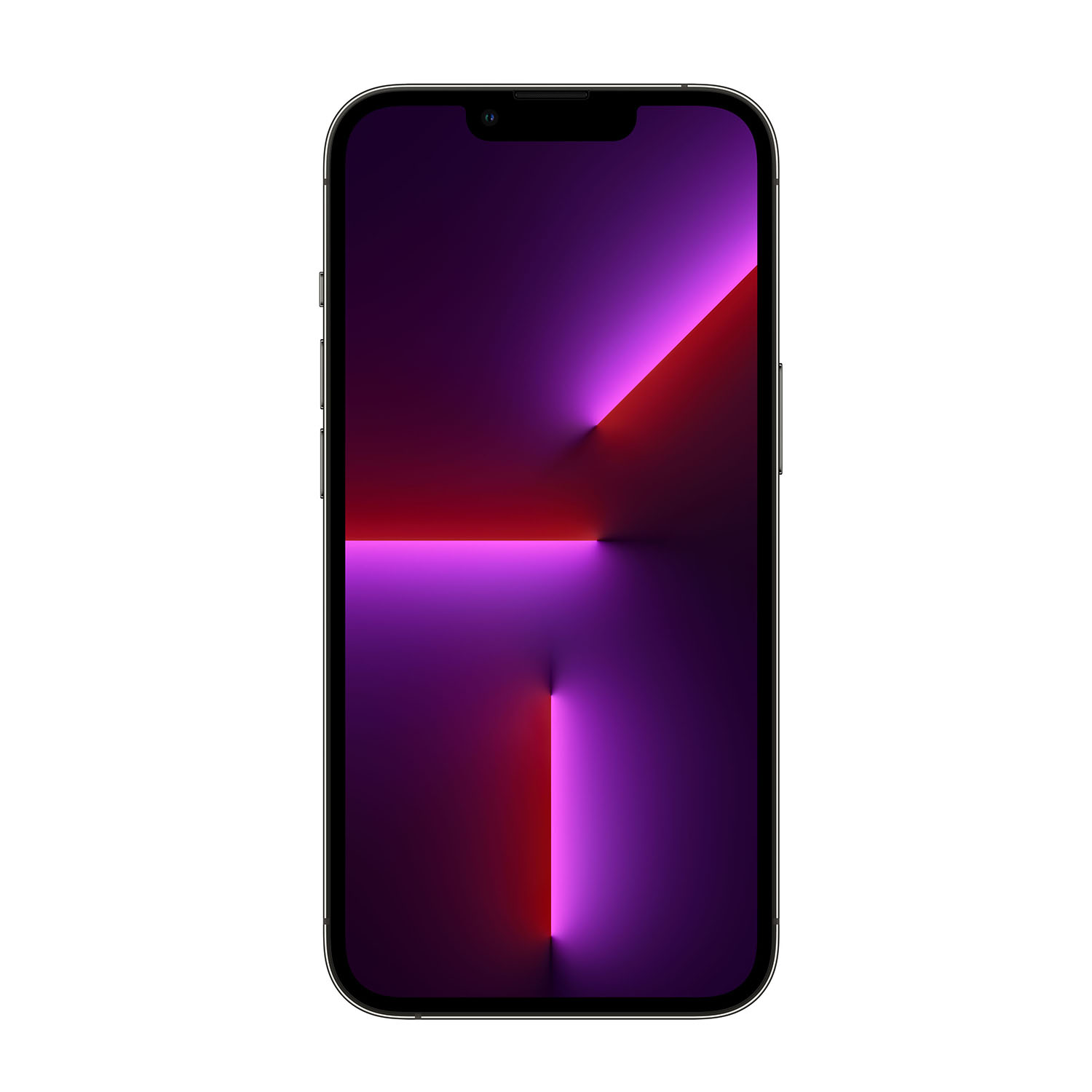 Un iPhone con cornice nera. Lo schermo mostra una sfumatura di viola e rosso, con un notch in alto.