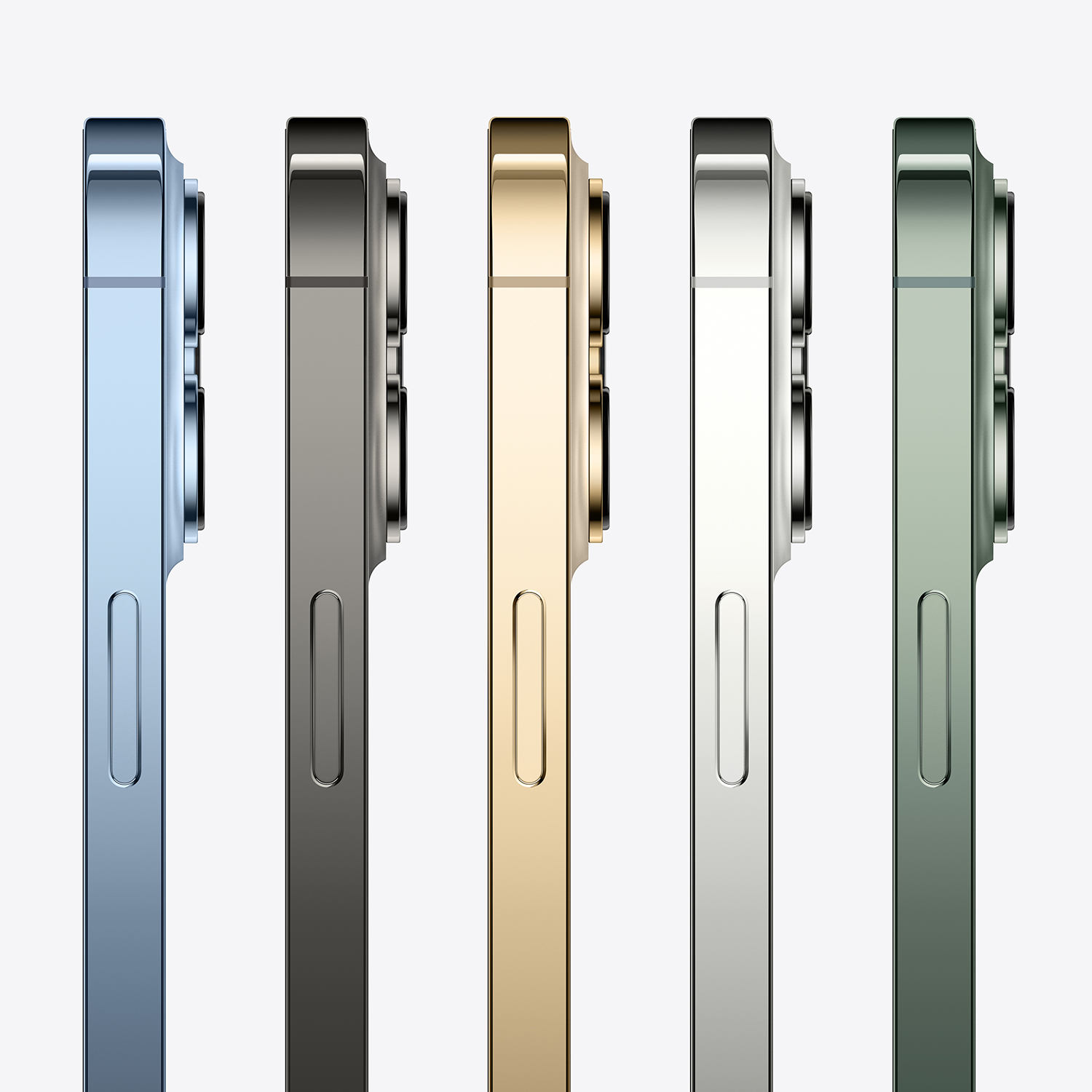 Cinque smartphone affiancati, ciascuno di un colore diverso: blu, grigio, oro, argento e verde, tutti su sfondo bianco.
