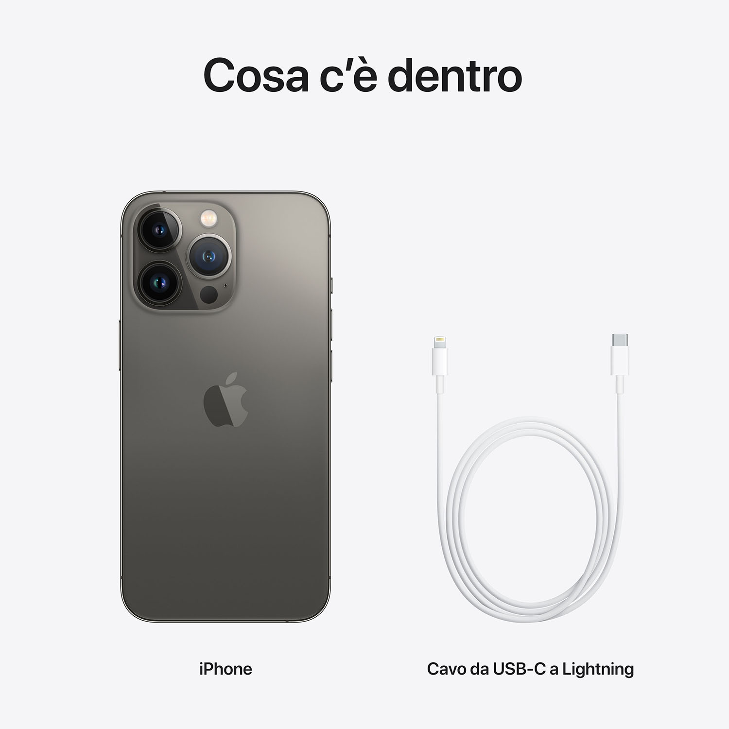 Un iPhone e un cavo da USB-C a Lightning bianco su sfondo bianco. L'iPhone è grigio e il cavo è arrotolato.