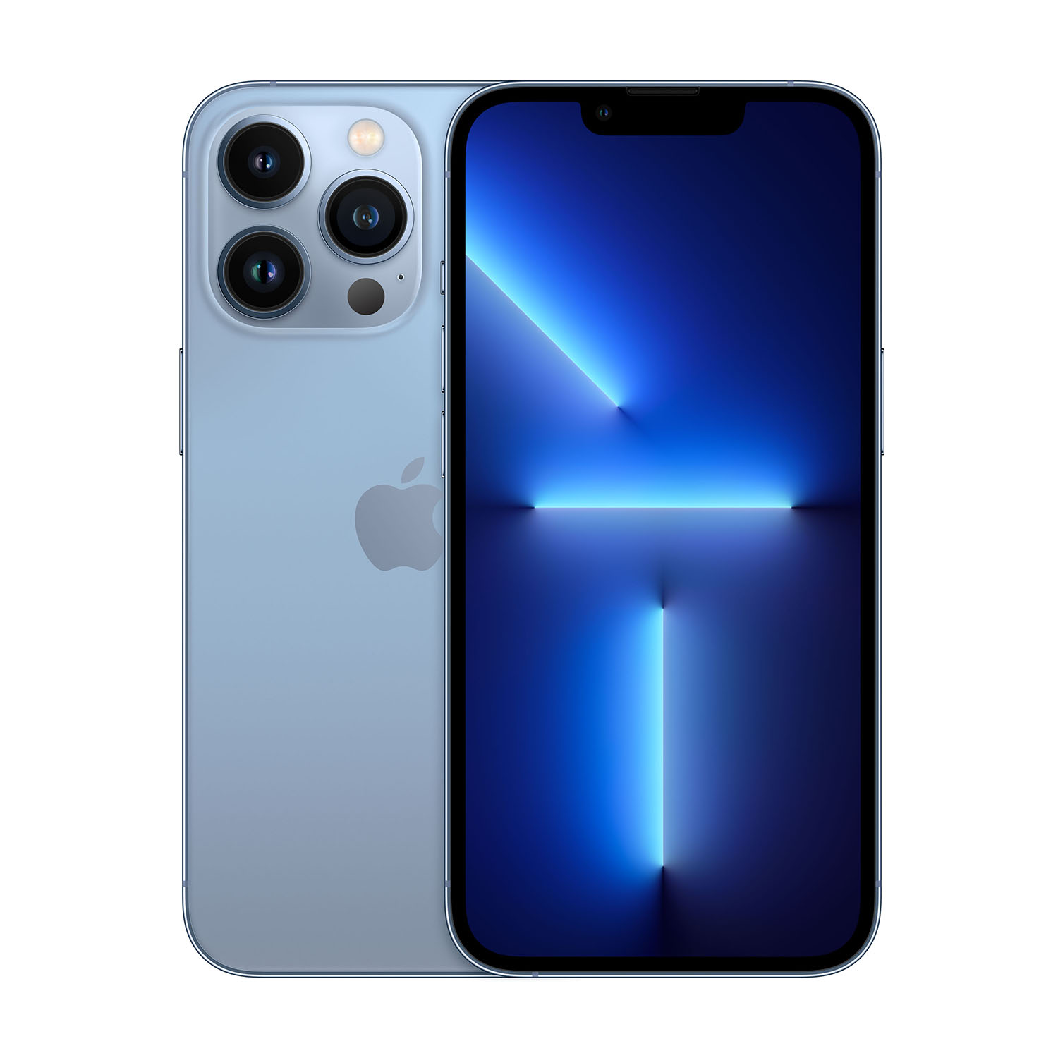 Un iPhone azzurro, con schermo blu brillante. Il retro ha tre fotocamere e il logo Apple è visibile.