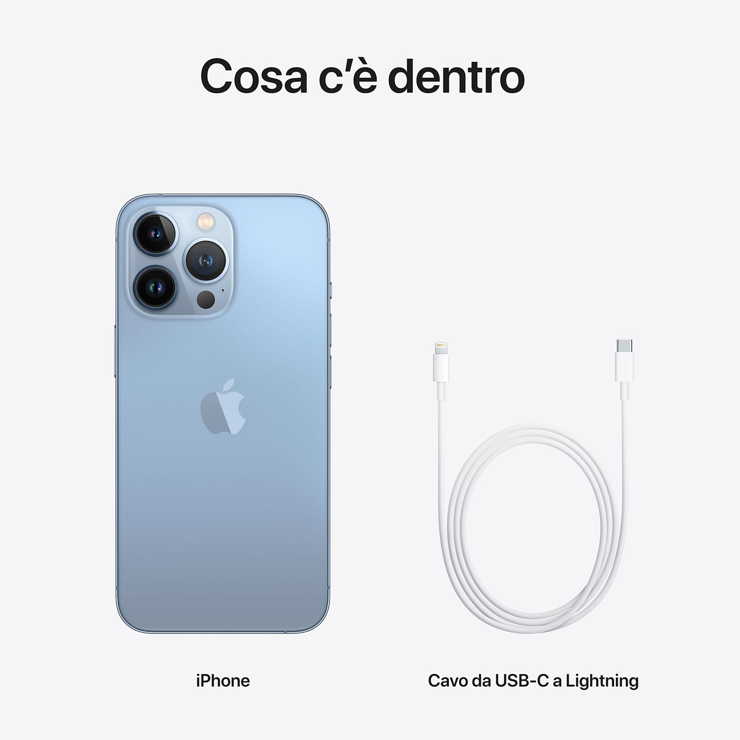 Un iPhone e un cavo da USB-C a Lightning sono visualizzati su sfondo bianco. L'iPhone è azzurro.