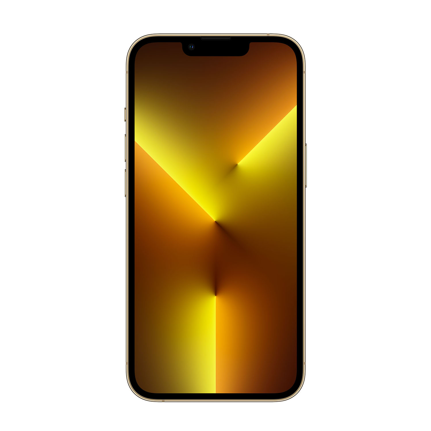 Un iPhone dorato con display sfumato giallo e marrone. Il telefono ha uno schermo nero e una cornice dorata.