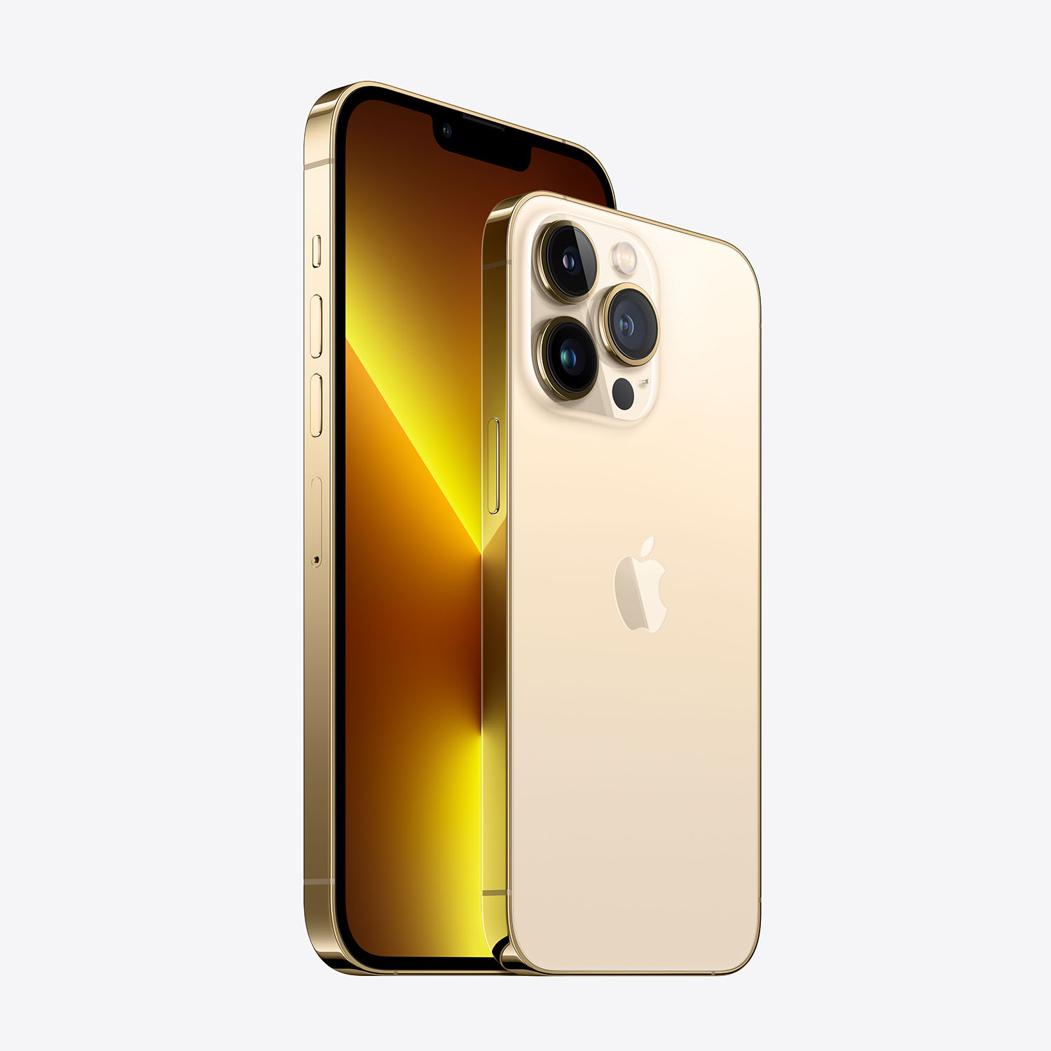 Sono mostrati due iPhone dorati. Uno mostra lo schermo, l'altro il retro con fotocamere e logo Apple. Entrambi i telefoni sono in posizione verticale.