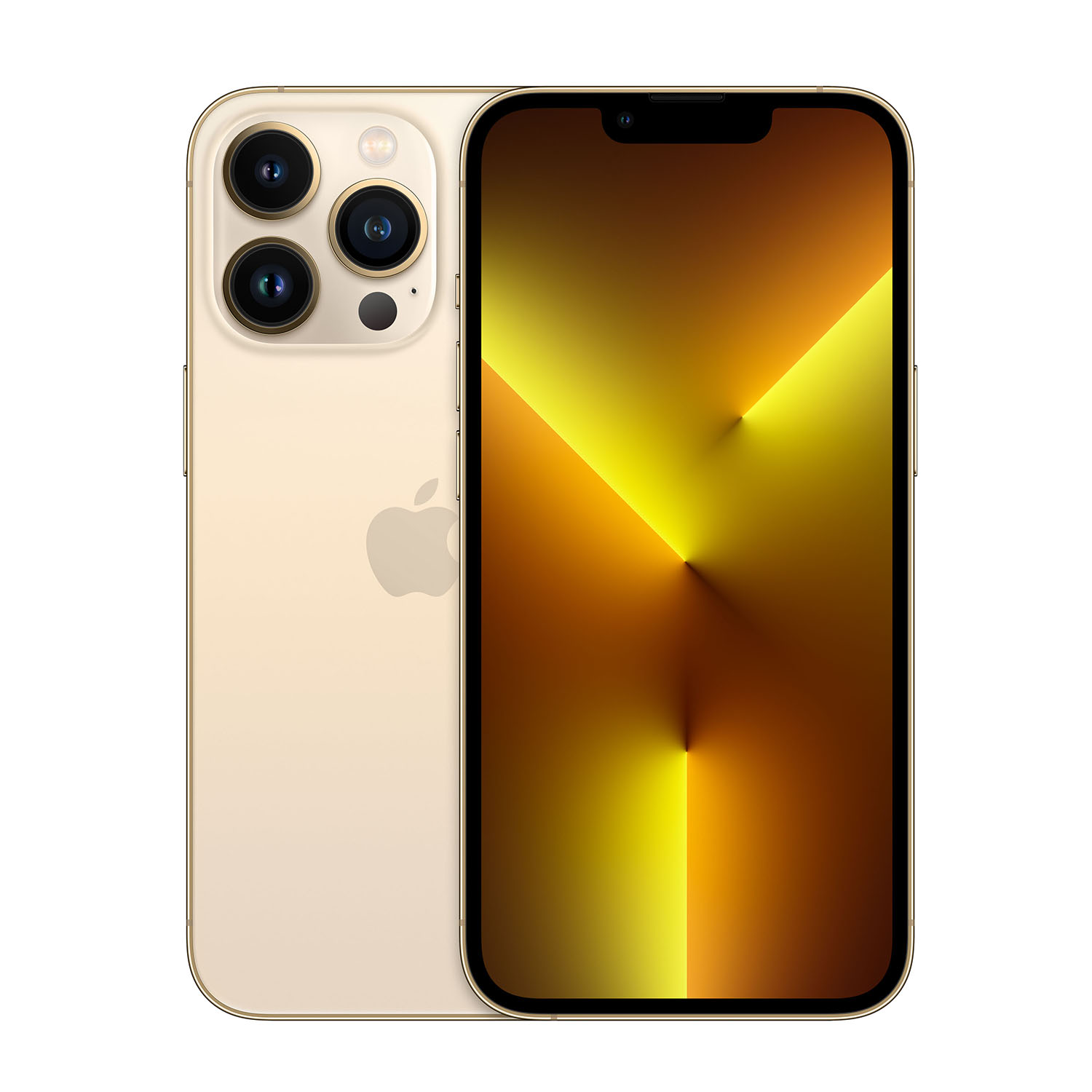 Un iPhone d'oro mostra uno schermo sfumato. La parte posteriore mostra tre fotocamere e il logo Apple.