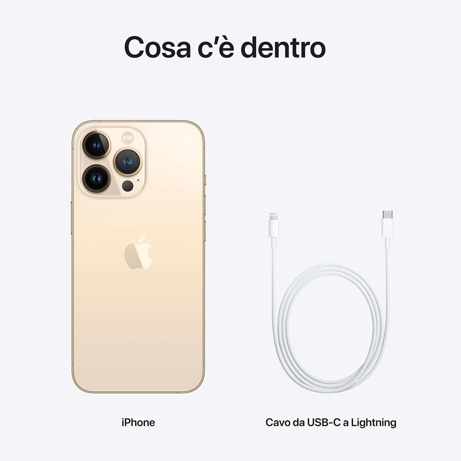 Un iPhone oro e un cavo bianco da USB-C a Lightning sono esposti su sfondo bianco. Il testo recita "Cosa c'è dentro".