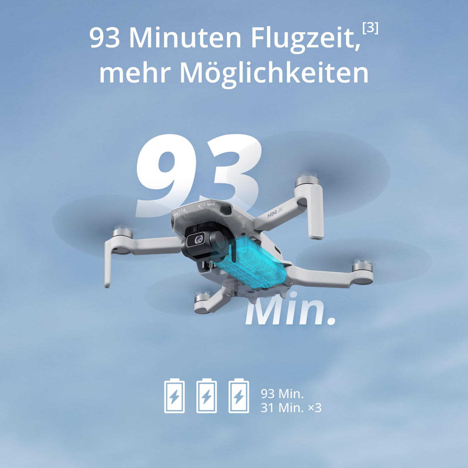 Eine Drohne im Flug mit großem Text '93'. Sie hat eine Kamera und vier Propeller. Text zeigt 93 Minuten Flugzeit.