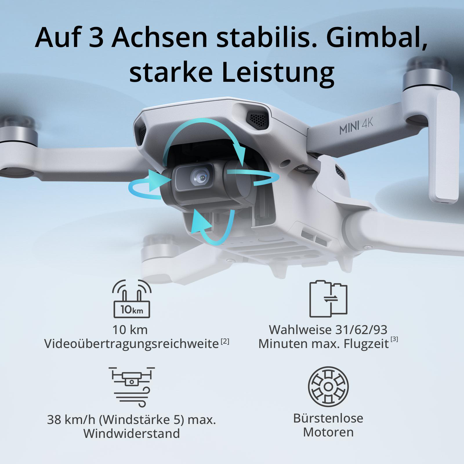 Eine weiße Drohne mit dem Text "MINI 4K". Sie hat den Text "Auf 3 Achsen stabilis. Gimbal, starke Leistung".