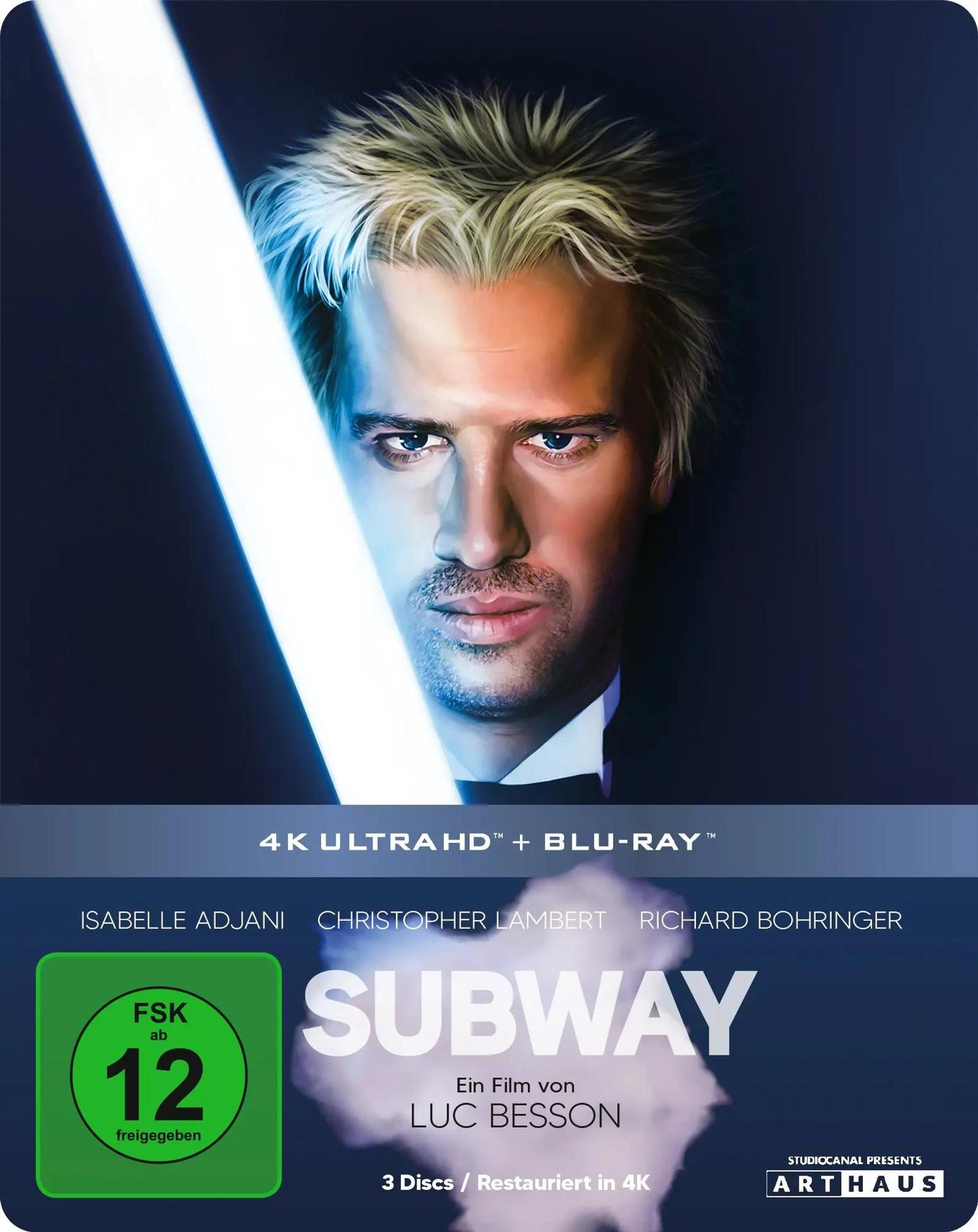 Filmcover. Ein Mann mit blonden Haaren und hellem Licht. Text: 'Subway' und die Namen der Schauspieler.
