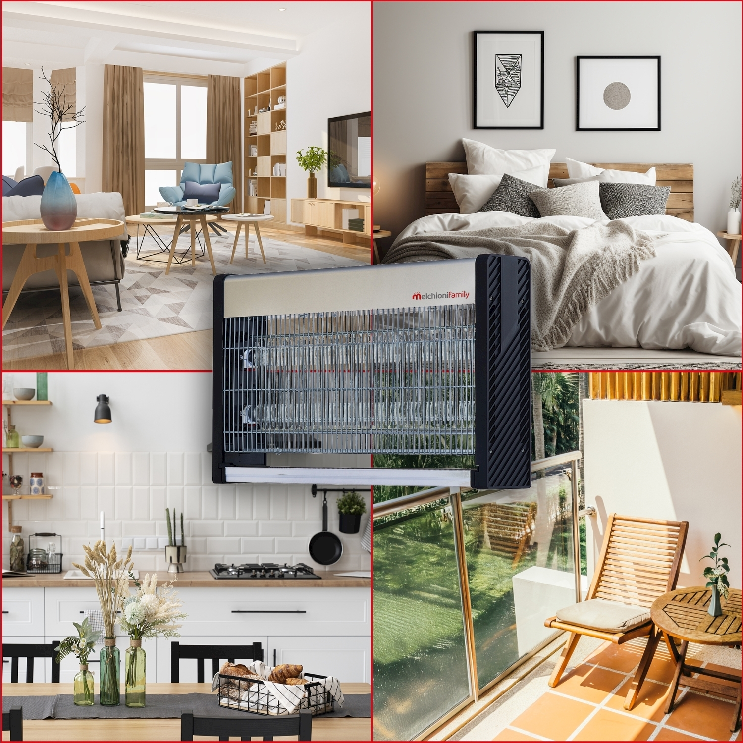L'immagine mostra varie scene di interior design: un soggiorno, una camera da letto, una cucina e un balcone, tutti con mobili e decorazioni moderne.