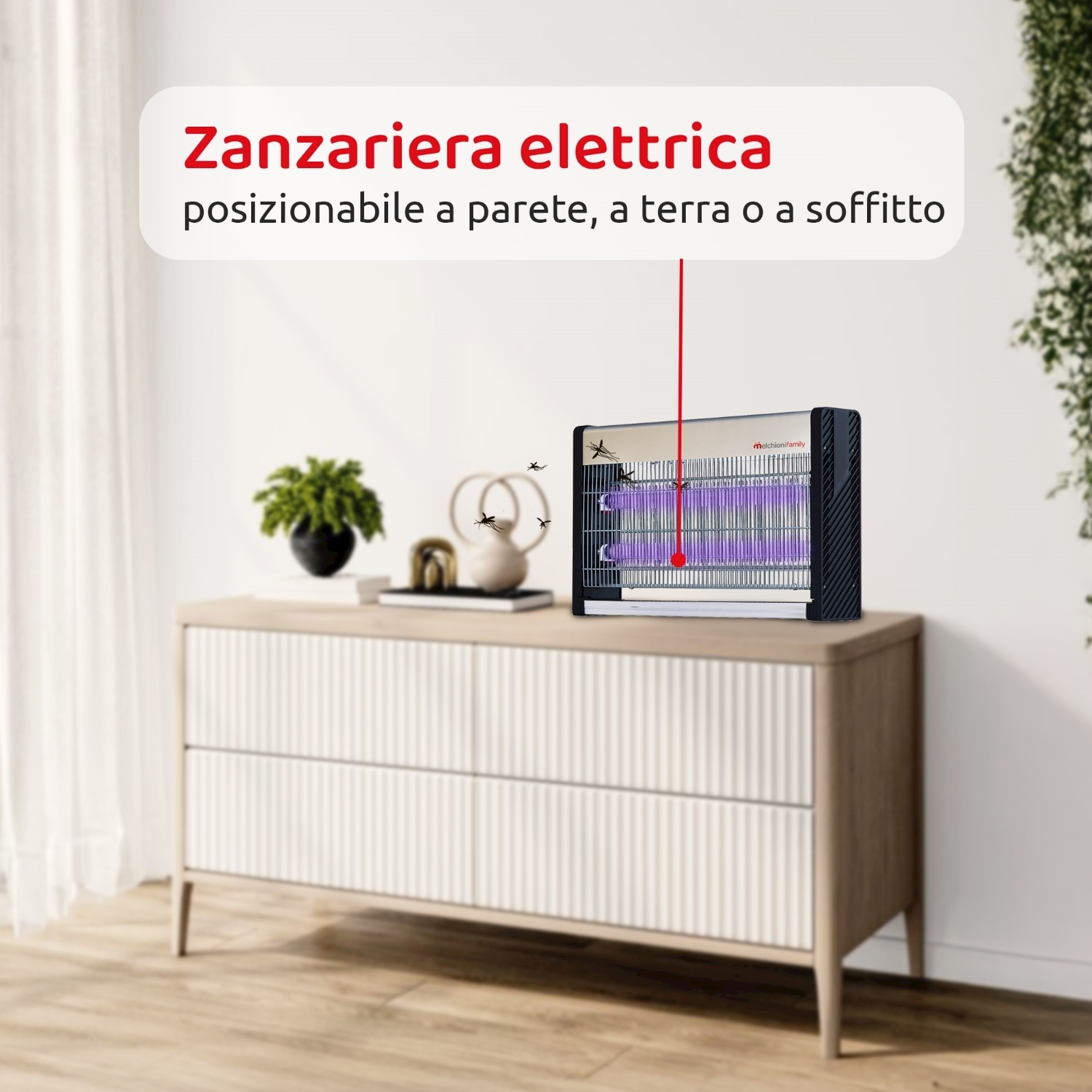 Un ammazzazanzare elettrico è su un mobile di legno. È nero e argento. Una linea rossa punta verso di esso da una casella di testo sopra.