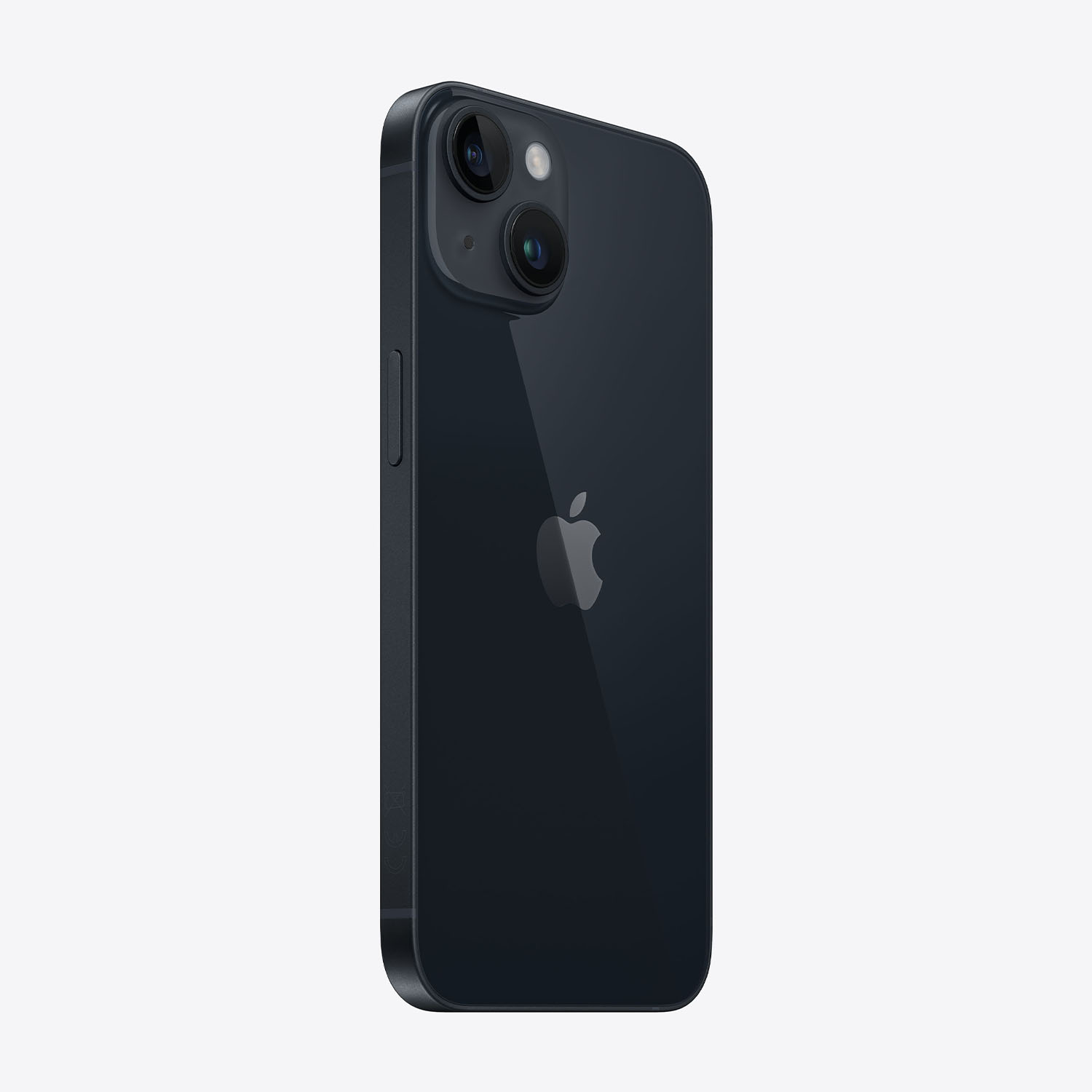 Un iPhone 14 nero su sfondo bianco. Presenta doppia fotocamera, logo Apple e pulsante laterale. Design elegante.