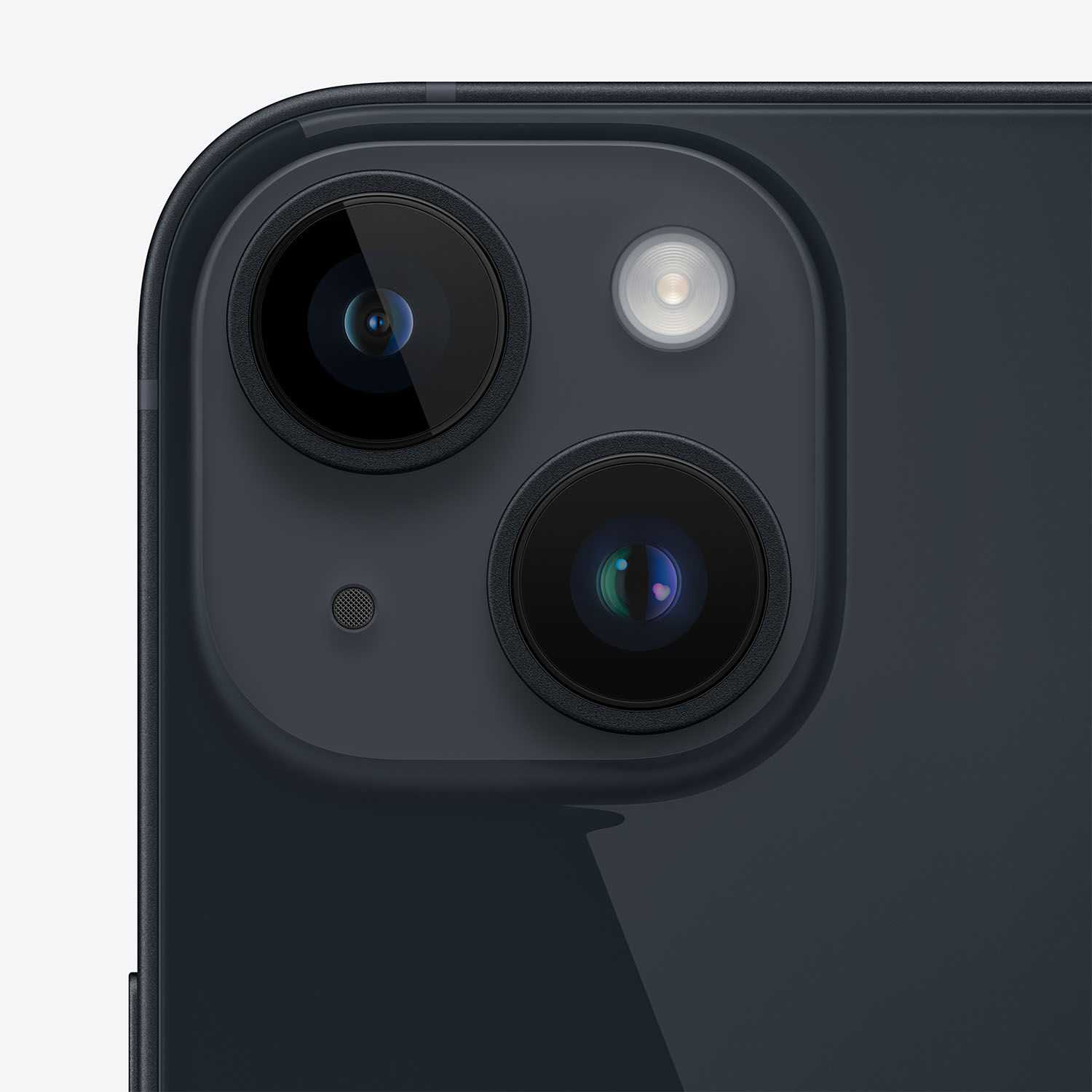 Primo piano del modulo fotocamera di uno smartphone blu scuro. Presenta due obiettivi, un flash e un piccolo foro per il microfono.