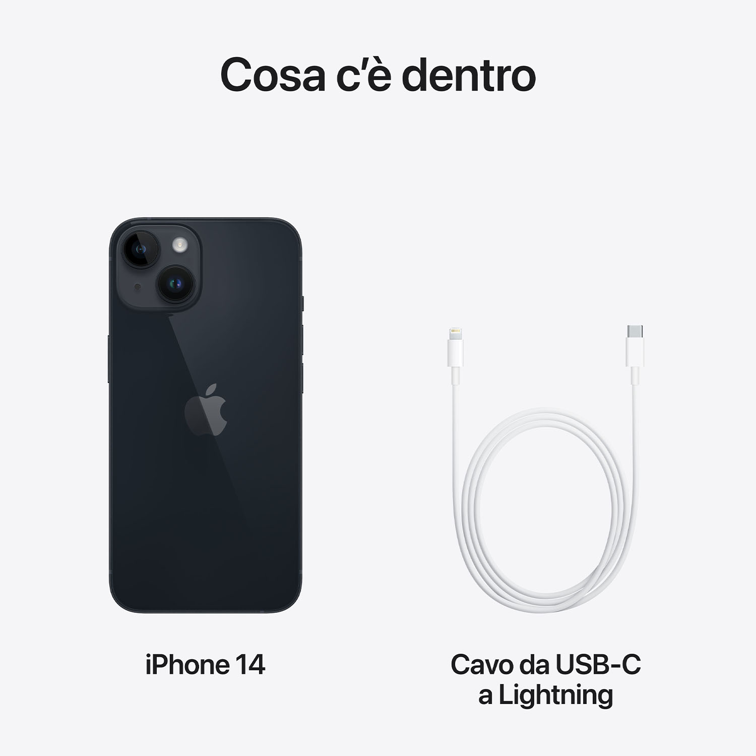 iPhone 14 nero e un cavo da USB-C a Lightning bianco. Il telefono ha una fotocamera e il logo Apple. Sfondo bianco.