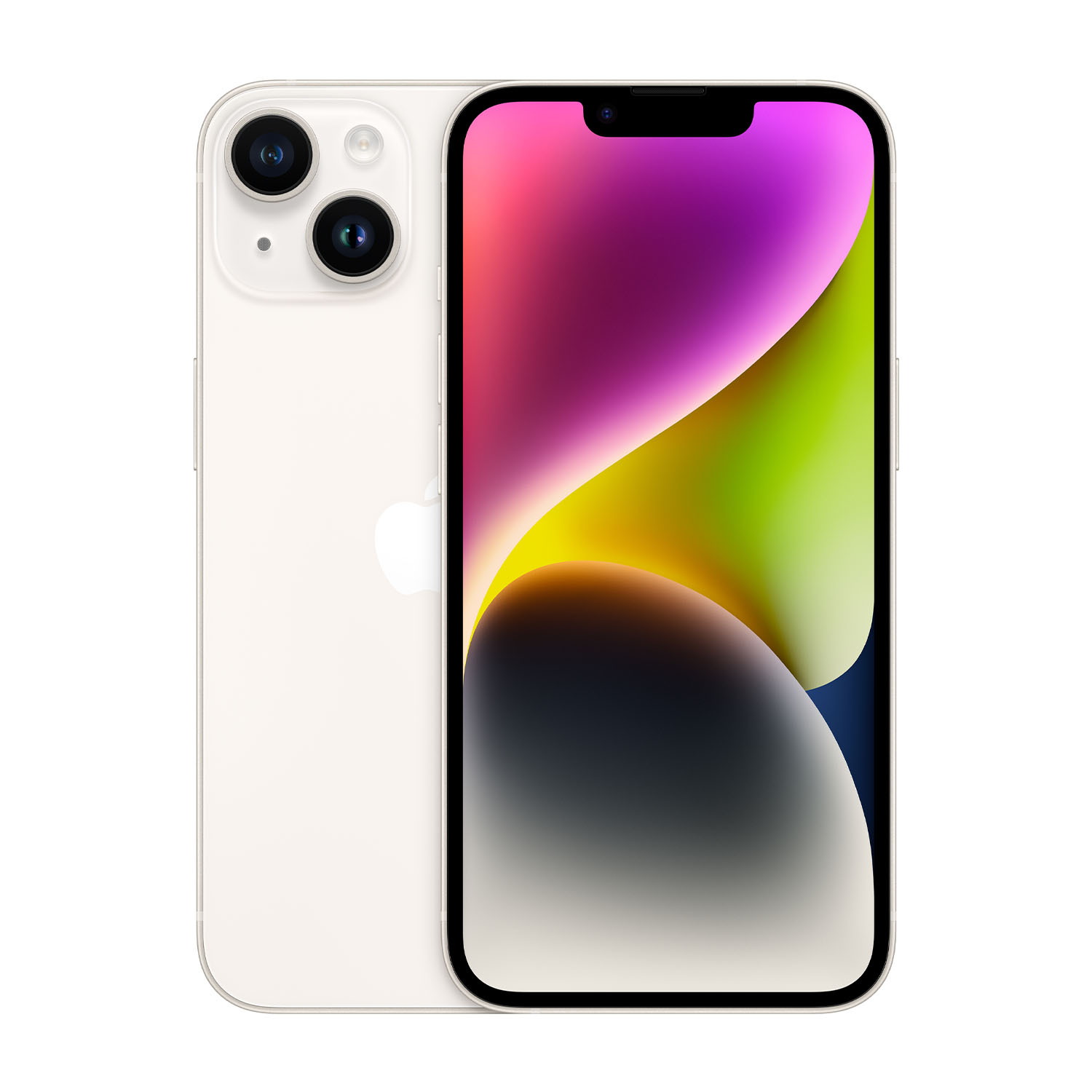Un iPhone bianco mostra una colorata sfumatura sullo schermo. Sul retro ha un modulo fotocamera con tre lenti.