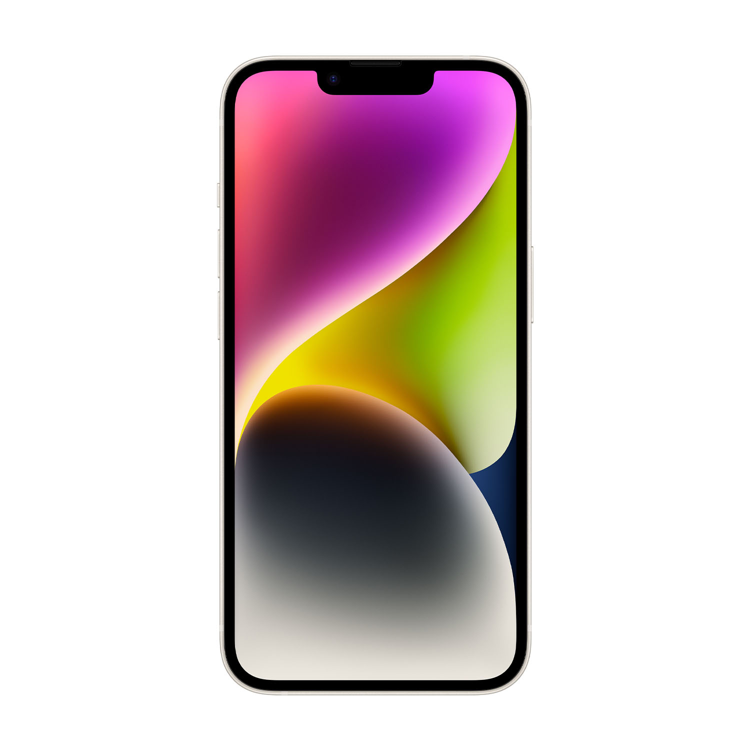 Uno smartphone mostra un'immagine astratta e colorata. Il telefono ha una cornice bianca e un notch nero nella parte superiore.
