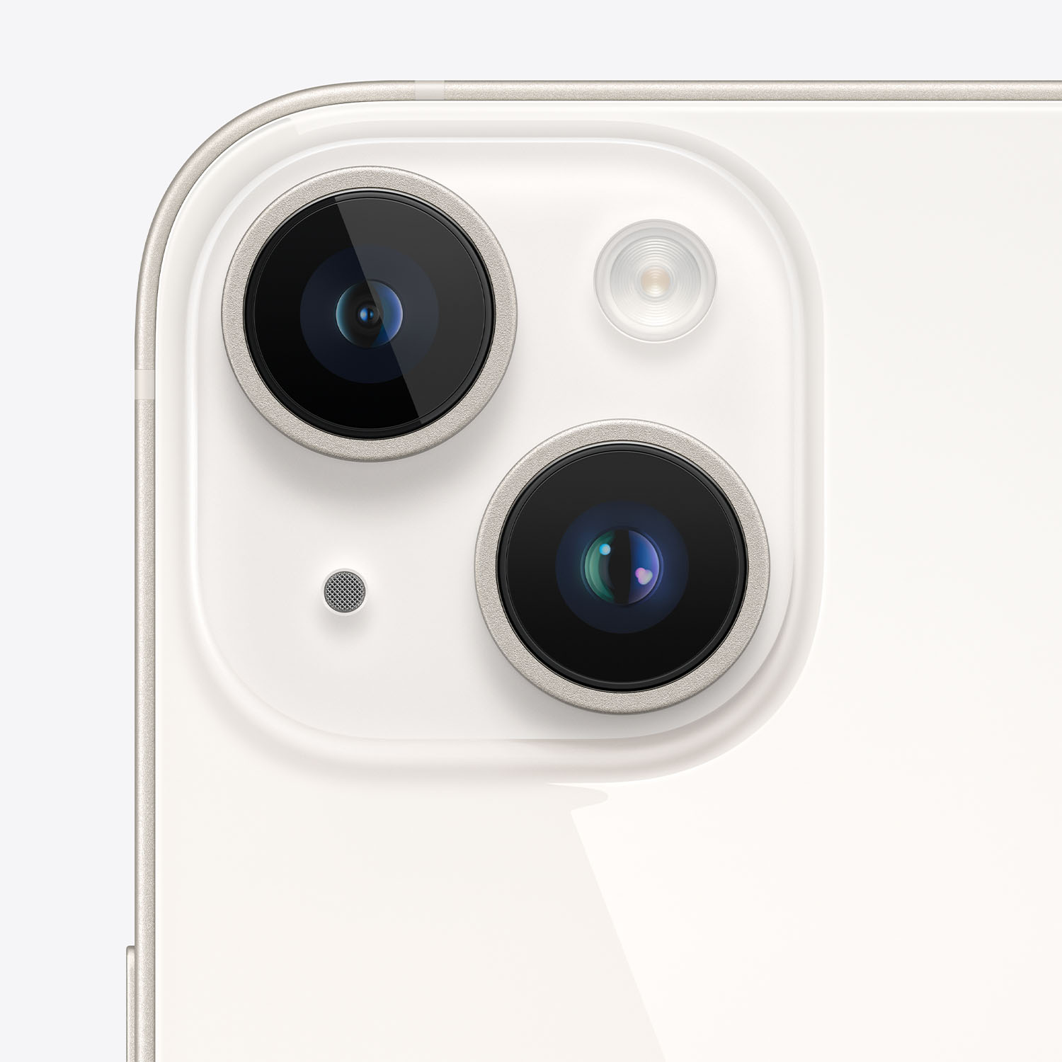 Primo piano del modulo fotocamera di un telefono. Sono visibili due grandi obiettivi, un flash e un piccolo microfono.