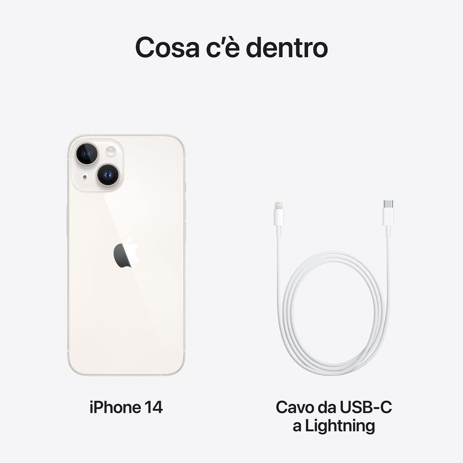 iPhone 14 e cavo da USB-C a Lightning su sfondo bianco. Il telefono è bianco sporco, il cavo è bianco.