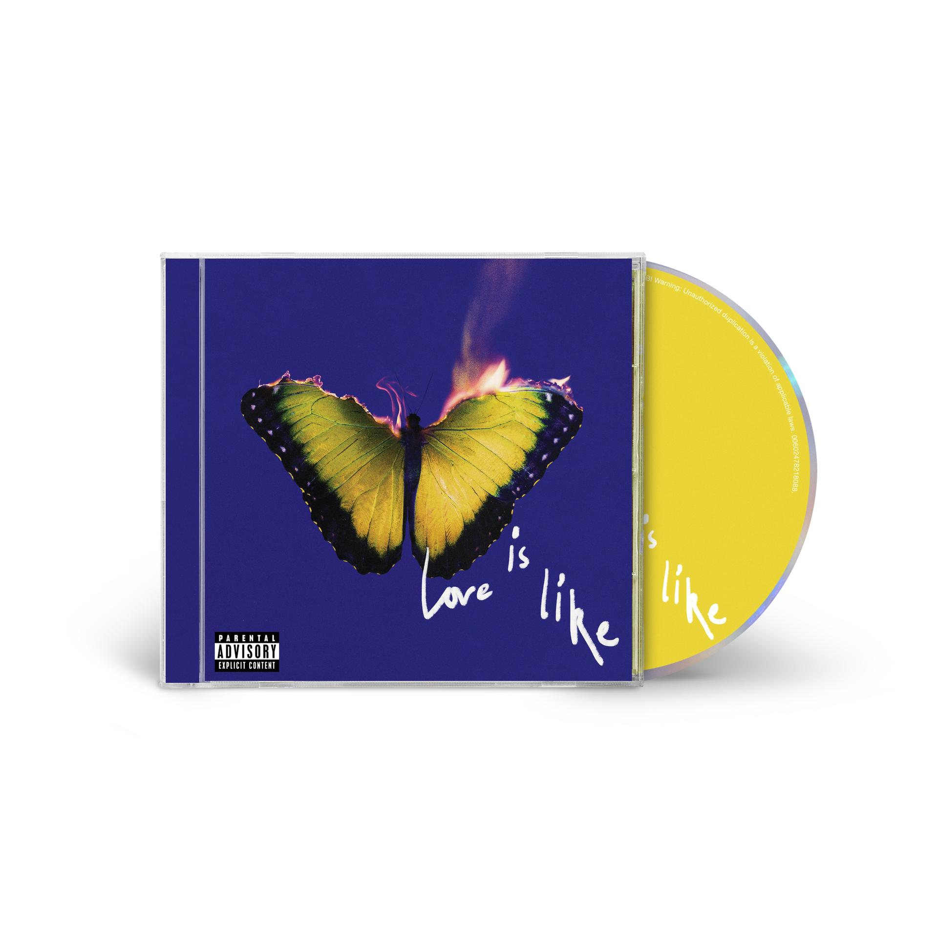 Pochette de CD. Un papillon avec des ailes en feu. Le titre est 'Love is like'. Mention d'avertissement parental.