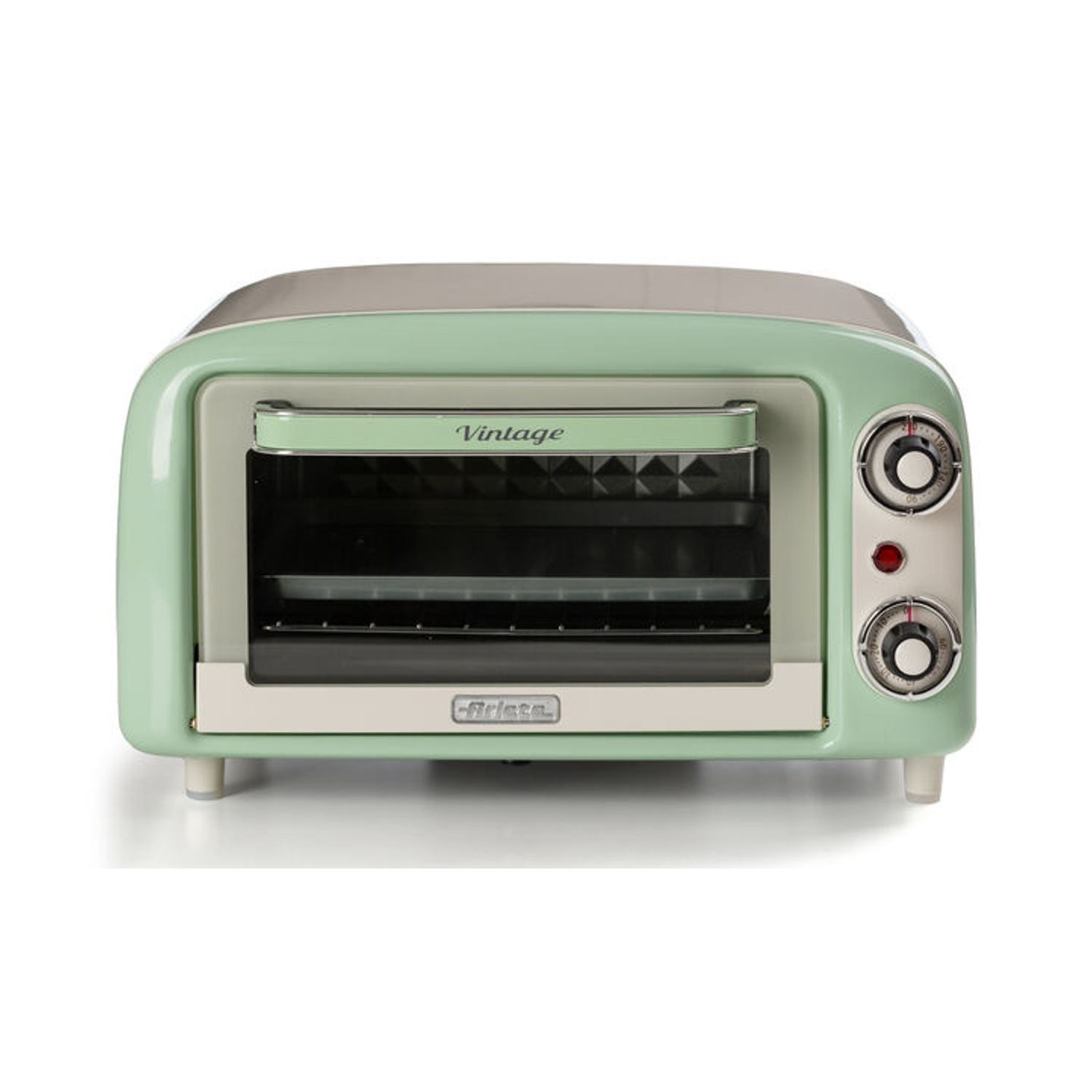 Un tostapane retrò verde menta e grigio. Ha manopole, una porta e la scritta "Vintage" su di esso.