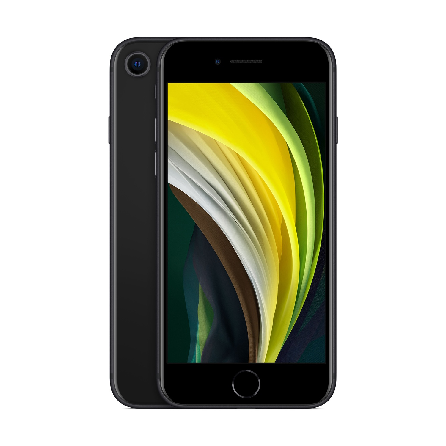 iPhone SE nero su sfondo bianco. Lo schermo mostra uno sfondo astratto colorato. Fotocamera e pulsante visibili.