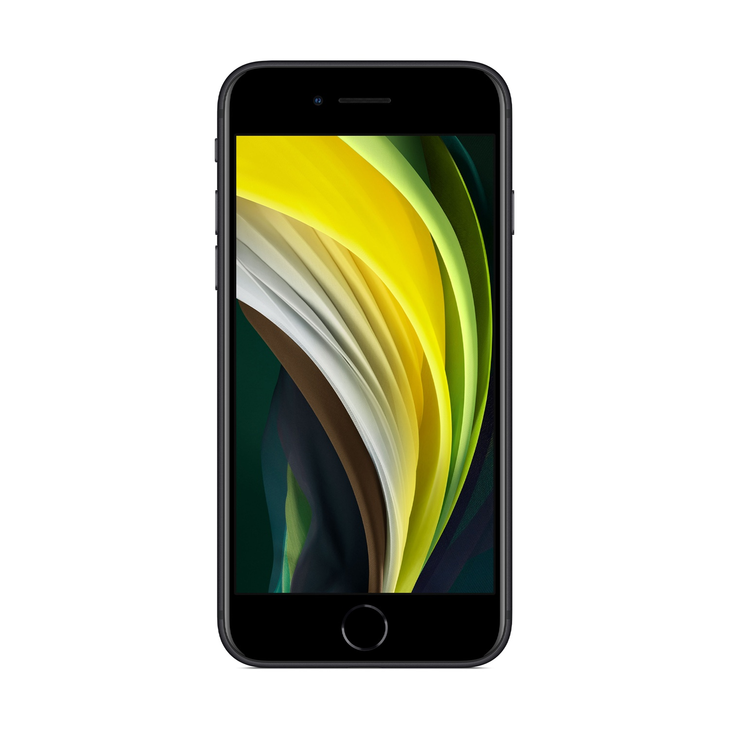 iPhone nero con sfondo astratto colorato. Lo schermo mostra forme curve gialle, verdi e bianche. È visibile un pulsante home rotondo.