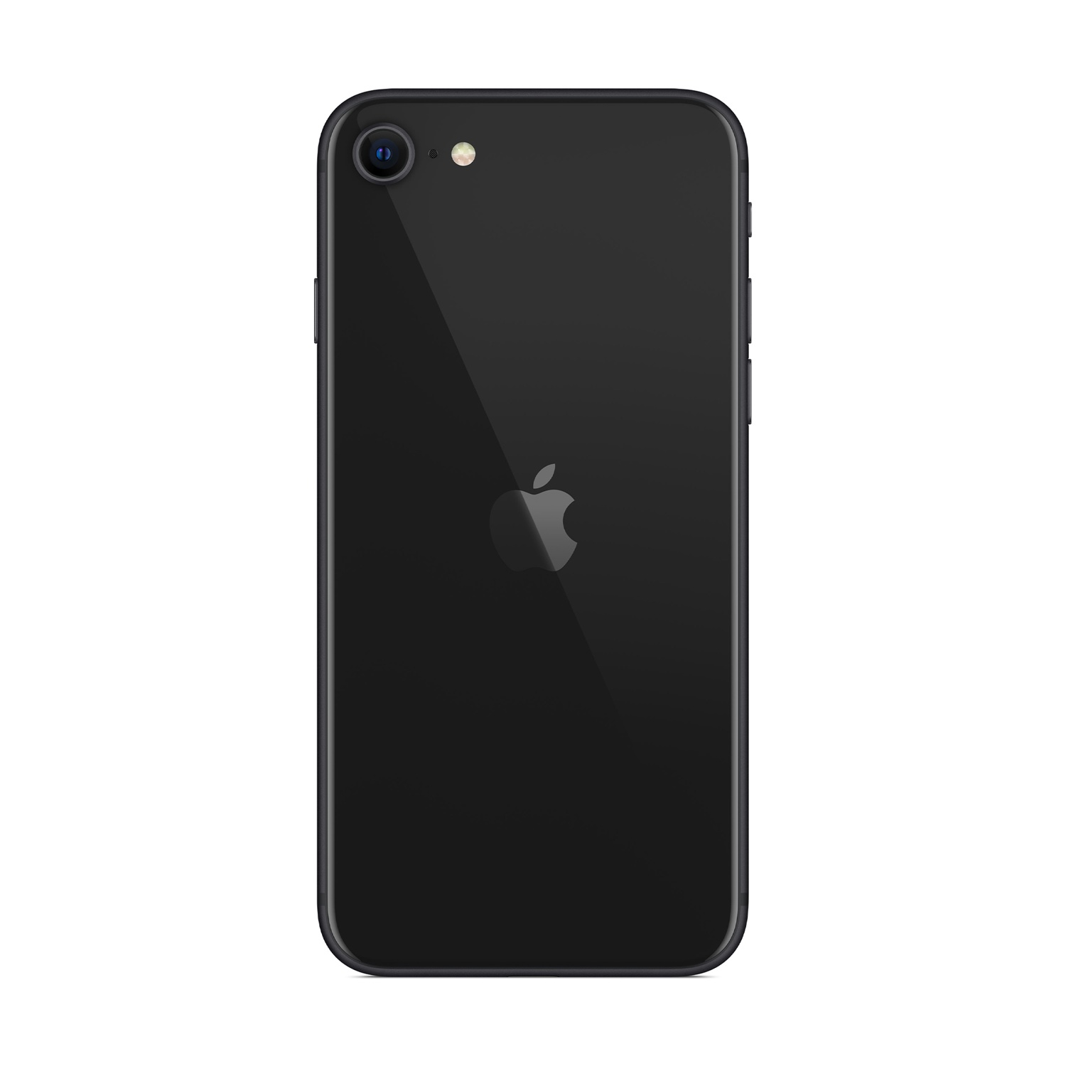 Uno smartphone iPhone SE nero. Il retro mostra il logo Apple, una fotocamera e un flash.