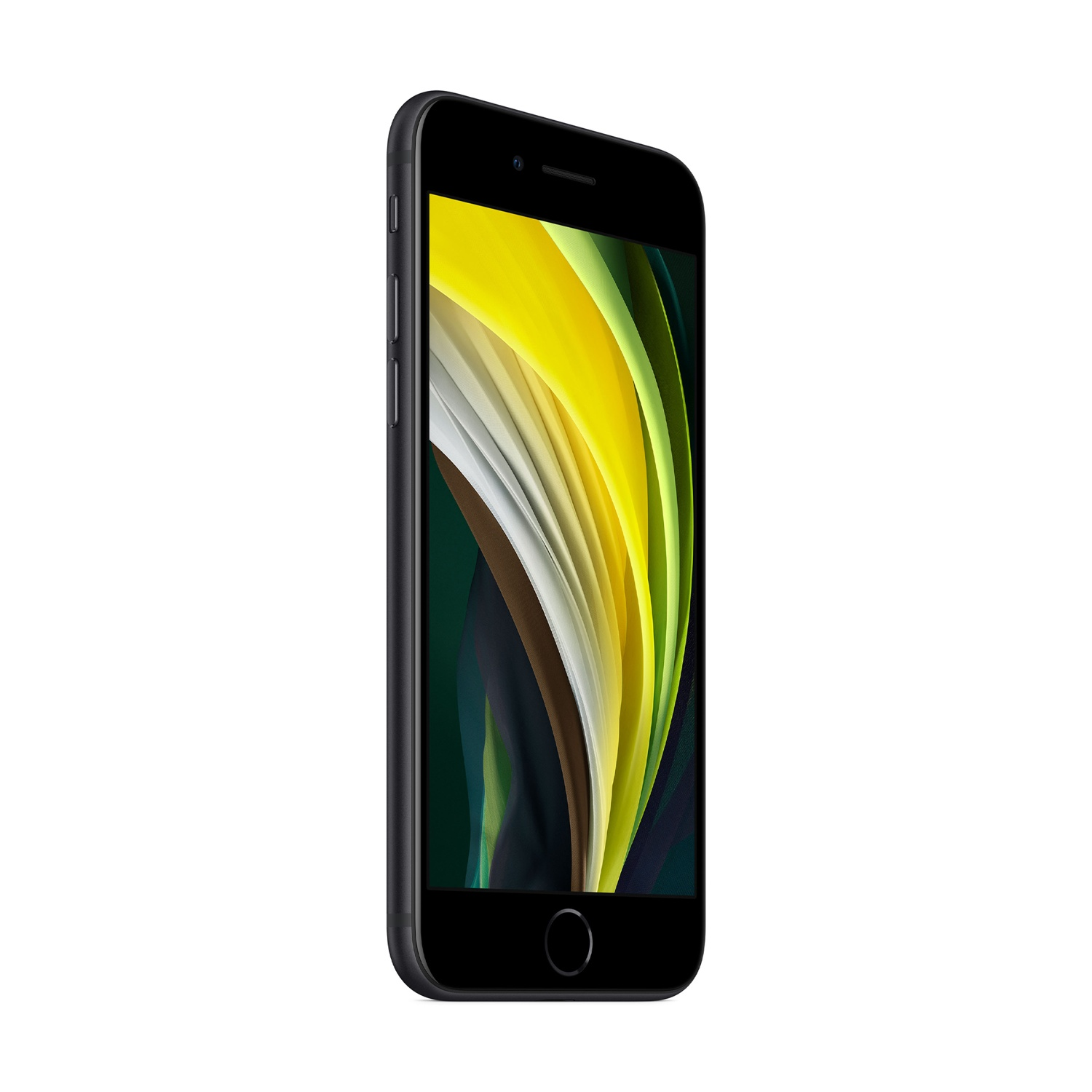 Uno smartphone nero inclinato verso destra, con uno sfondo astratto colorato sullo schermo. Lo sfondo è bianco.