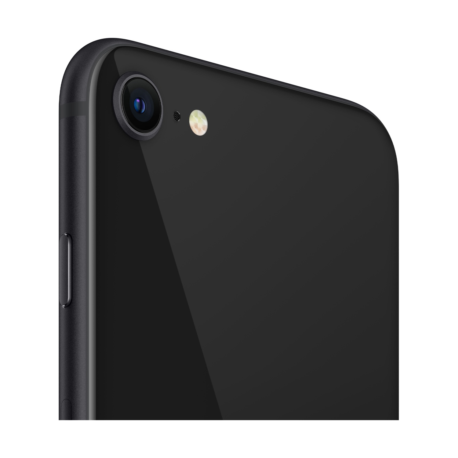 Primo piano della parte posteriore di uno smartphone nero. Obiettivo della fotocamera e flash visibili. Lato con pulsanti volume.