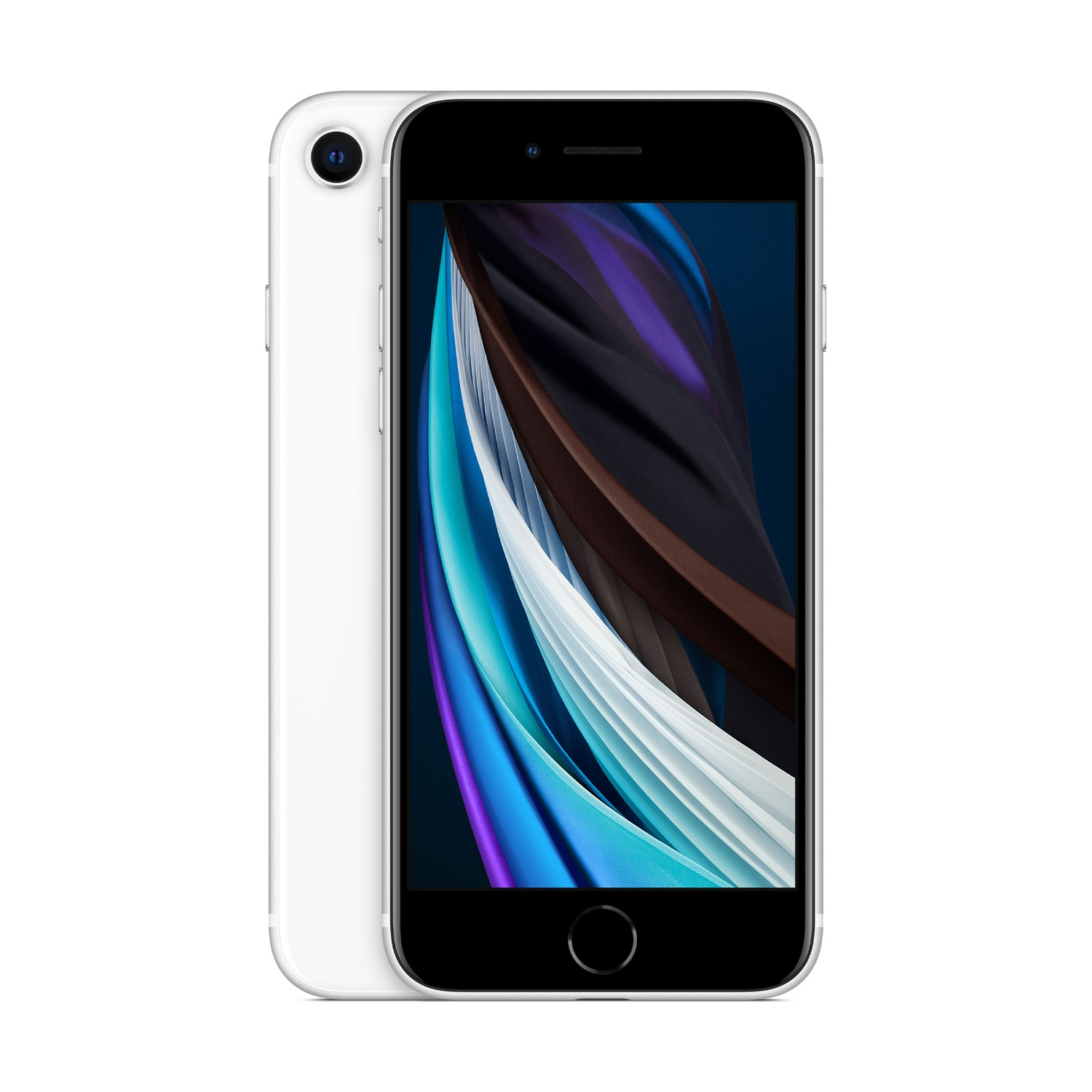 Un iPhone SE bianco, vista frontale e laterale. Lo schermo mostra un design astratto colorato. Il telefono ha un bordo nero e una fotocamera.